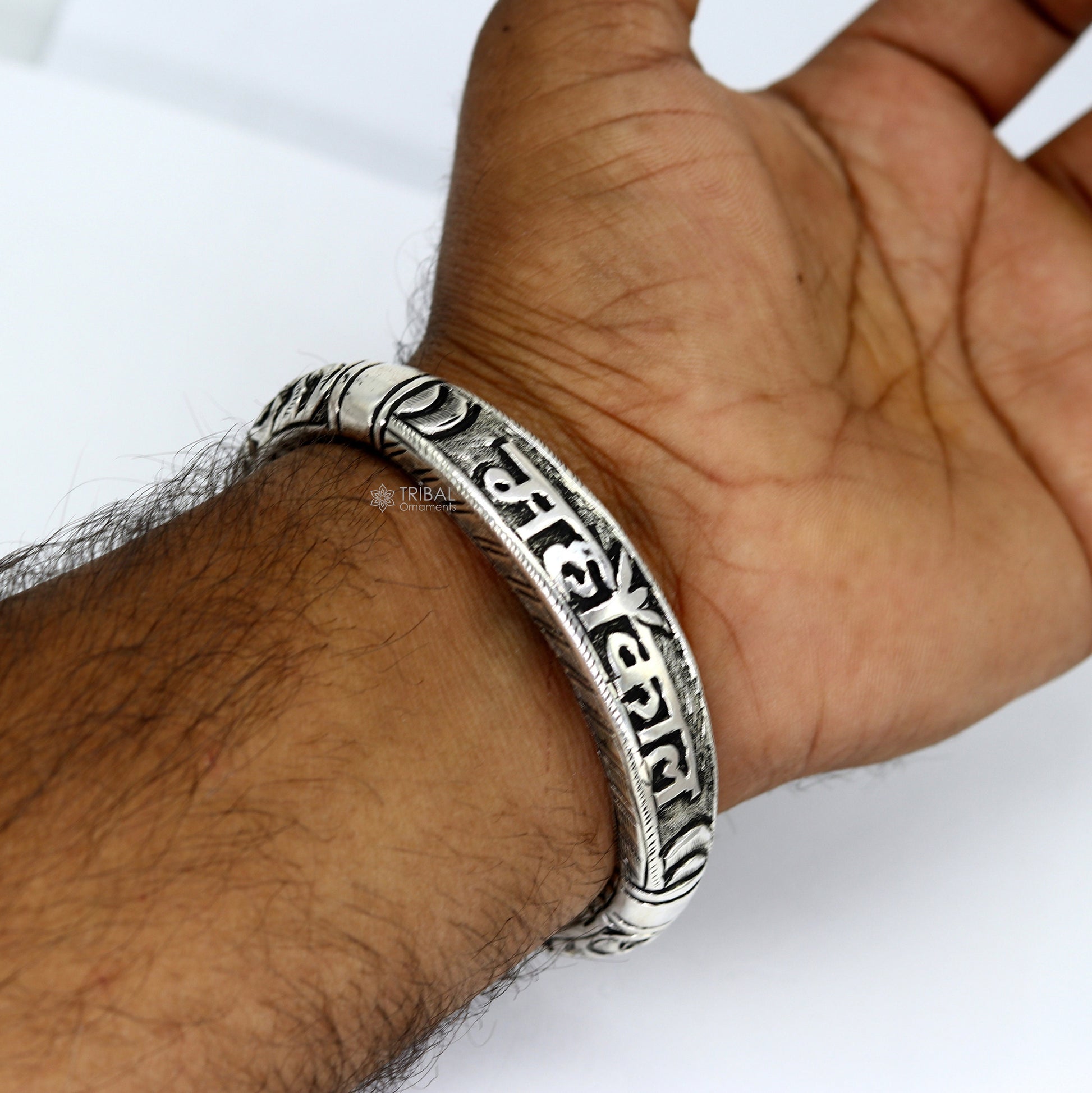 925 Sterling silver handmade chitai work lord Shiva "MAHAKAL" mantra bracelet kada best unisex tribal ethnic jewelry nsk784 - TRIBAL ORNAMENTS