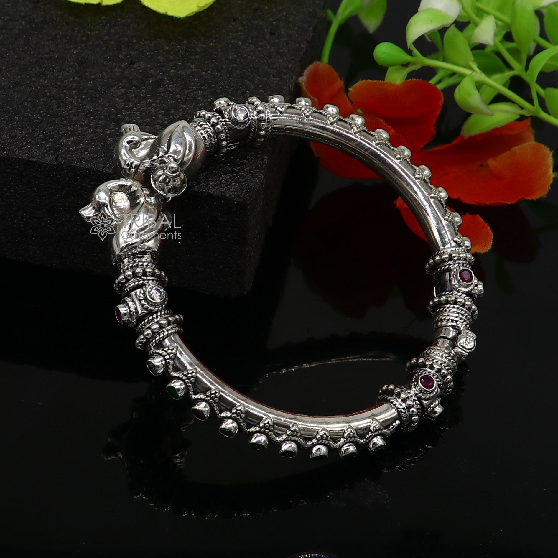 925 Sterling silver handmade vintage peacock design cubic zircon stone tribal ethnic belly dance bangle bracelet gifting kada nba413 - TRIBAL ORNAMENTS