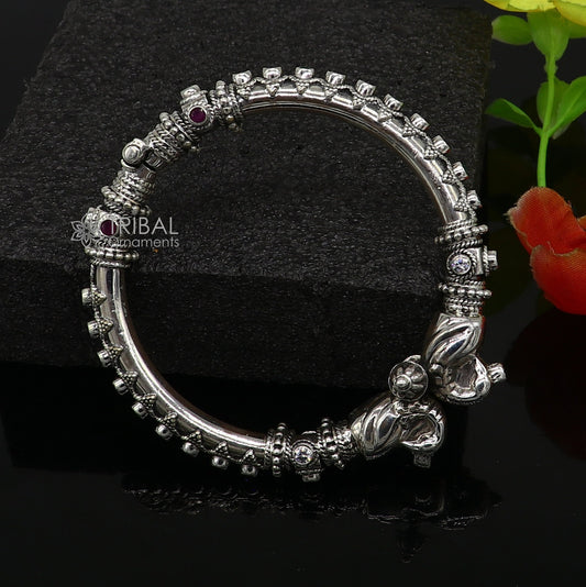 925 Sterling silver handmade vintage peacock design cubic zircon stone tribal ethnic belly dance bangle bracelet gifting kada nba413 - TRIBAL ORNAMENTS