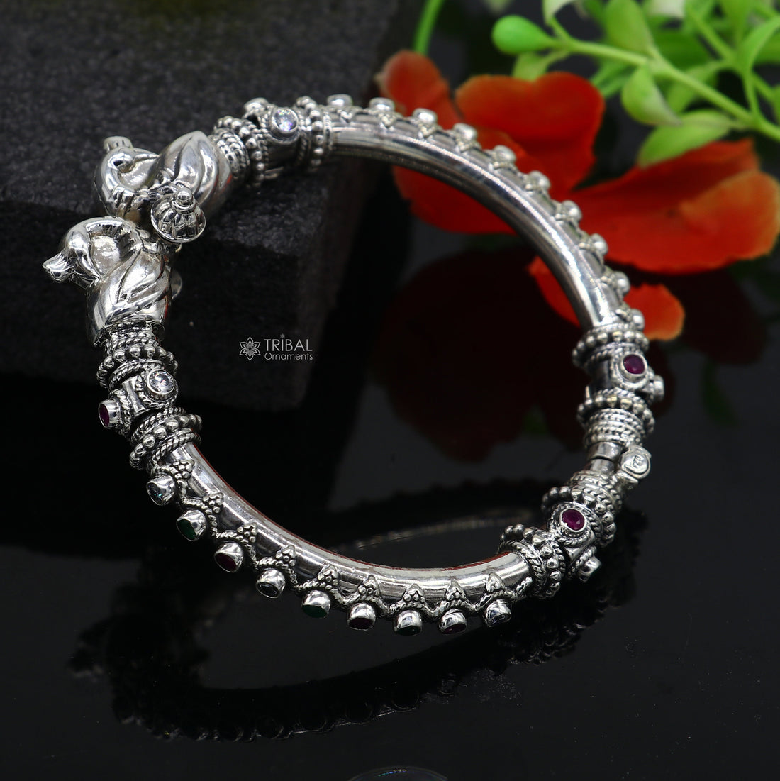 925 Sterling silver handmade vintage peacock design cubic zircon stone tribal ethnic belly dance bangle bracelet gifting kada nba413 - TRIBAL ORNAMENTS