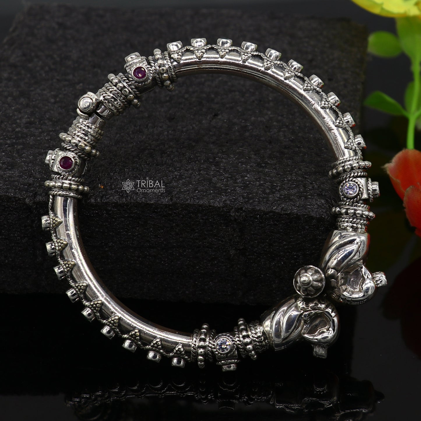 925 Sterling silver handmade vintage peacock design cubic zircon stone tribal ethnic belly dance bangle bracelet gifting kada nba413 - TRIBAL ORNAMENTS