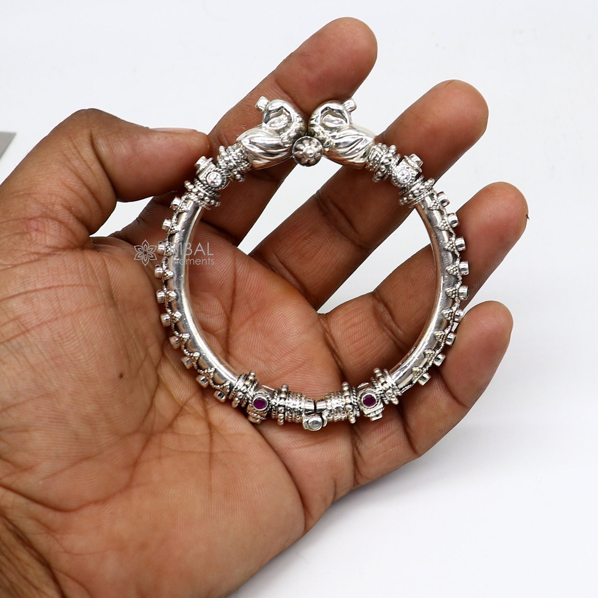 925 Sterling silver handmade vintage peacock design cubic zircon stone tribal ethnic belly dance bangle bracelet gifting kada nba413 - TRIBAL ORNAMENTS