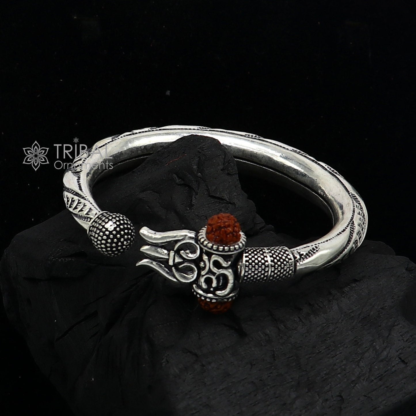 925 Sterling silver handmade plain shiny Lord Shiva trident trishul kada bangle bracelet with natural Rudraksha customized kada nsk785 - TRIBAL ORNAMENTS