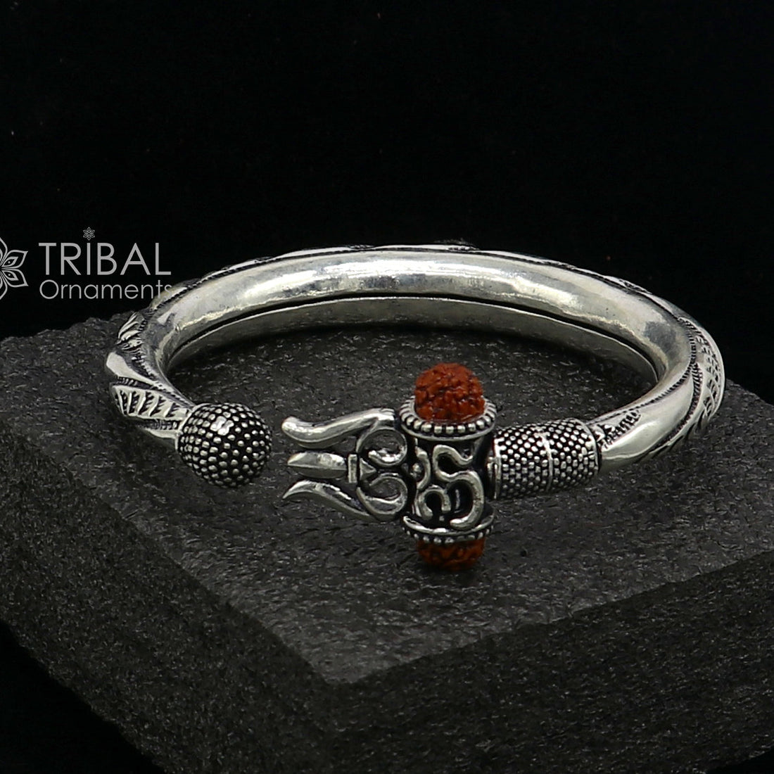 925 Sterling silver handmade plain shiny Lord Shiva trident trishul kada bangle bracelet with natural Rudraksha customized kada nsk785 - TRIBAL ORNAMENTS