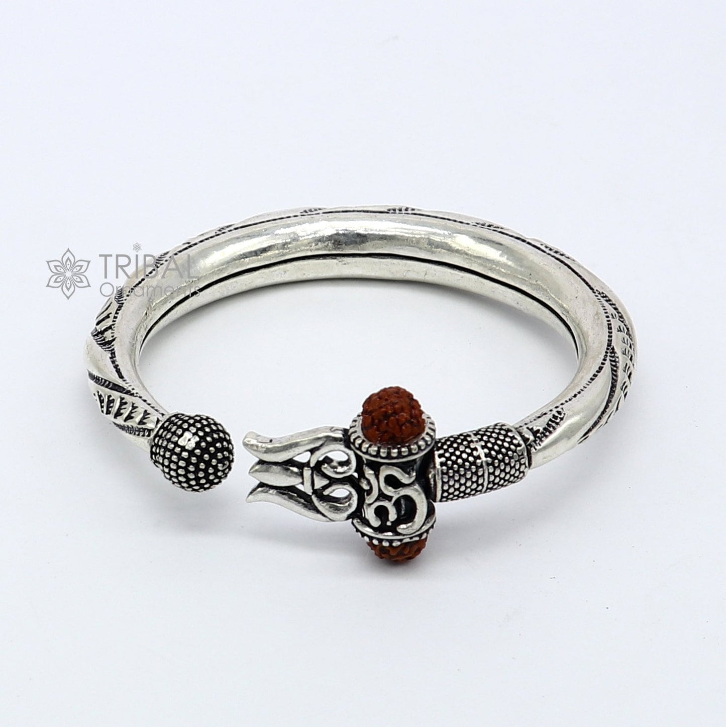 925 Sterling silver handmade plain shiny Lord Shiva trident trishul kada bangle bracelet with natural Rudraksha customized kada nsk785 - TRIBAL ORNAMENTS