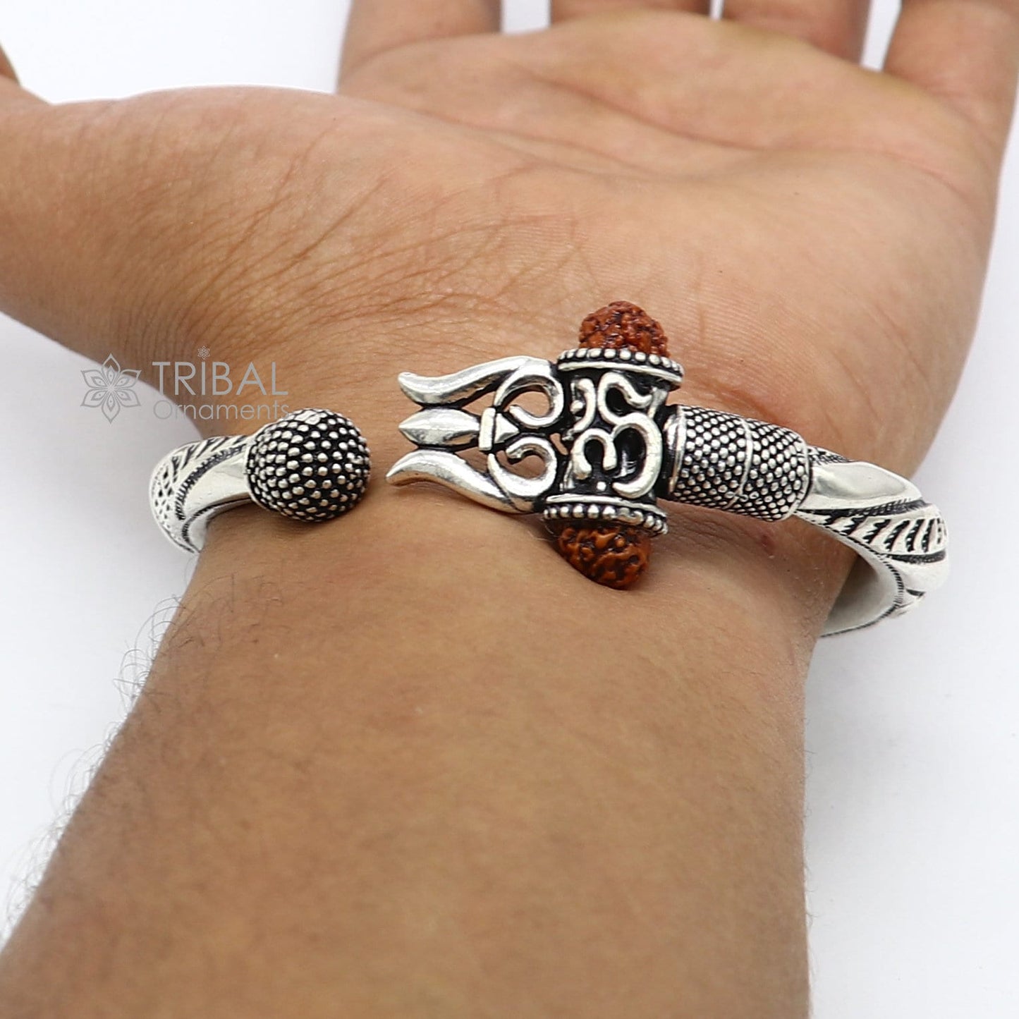 925 Sterling silver handmade plain shiny Lord Shiva trident trishul kada bangle bracelet with natural Rudraksha customized kada nsk785 - TRIBAL ORNAMENTS