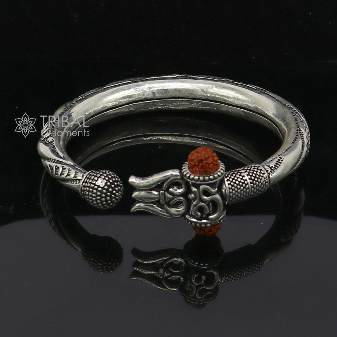 925 Sterling silver handmade plain shiny Lord Shiva trident trishul kada bangle bracelet with natural Rudraksha customized kada nsk785 - TRIBAL ORNAMENTS