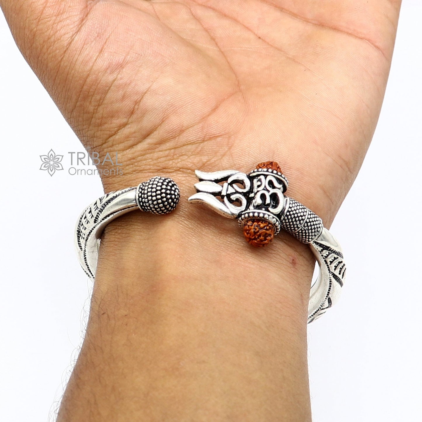 925 Sterling silver handmade plain shiny Lord Shiva trident trishul kada bangle bracelet with natural Rudraksha customized kada nsk785 - TRIBAL ORNAMENTS