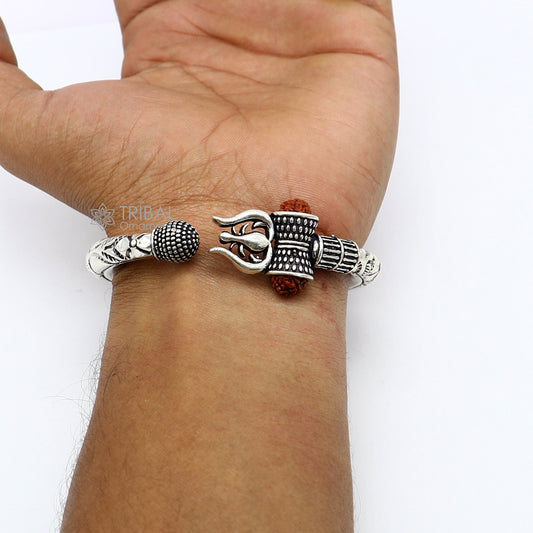 925 Sterling silver handmade unique design Lord Shiva trident trishul kada bangle bracelet with natural Rudraksha bahubali kada nsk787 - TRIBAL ORNAMENTS
