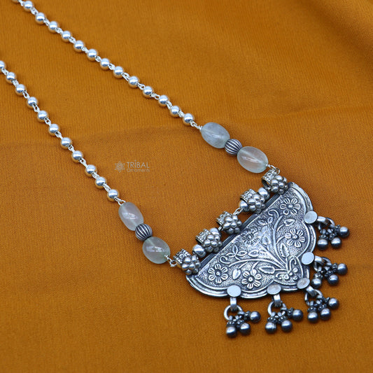 925 sterling silver handmade 4mm beaded long necklace with unique design traditional cultural functional necklace jewelry  SET649 - TRIBAL ORNAMENTS