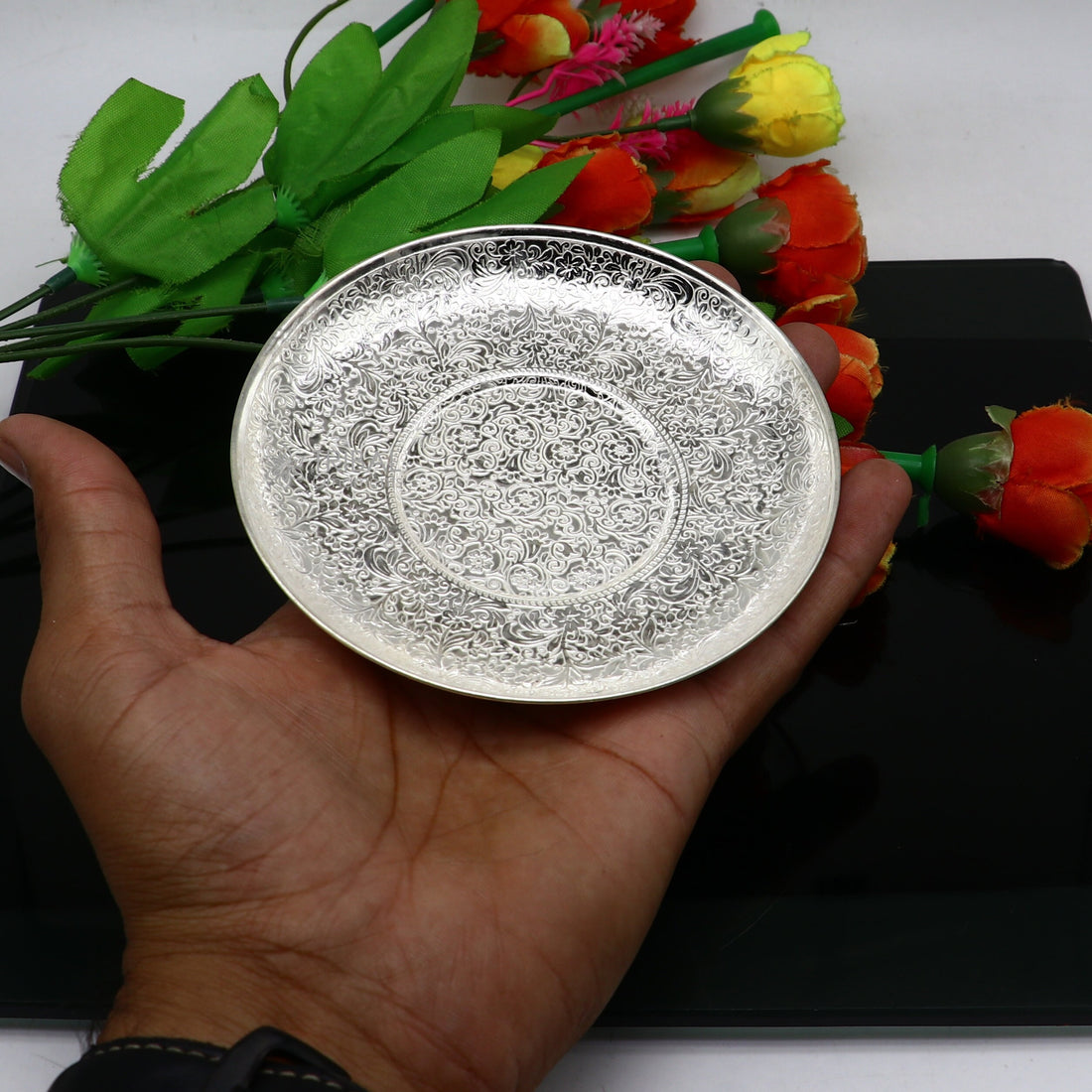 925 Sterling silver handmade solid silver plate or tray, idols puja Prasadam(foods) plates puja article, silver gifting utensils sv283 - TRIBAL ORNAMENTS