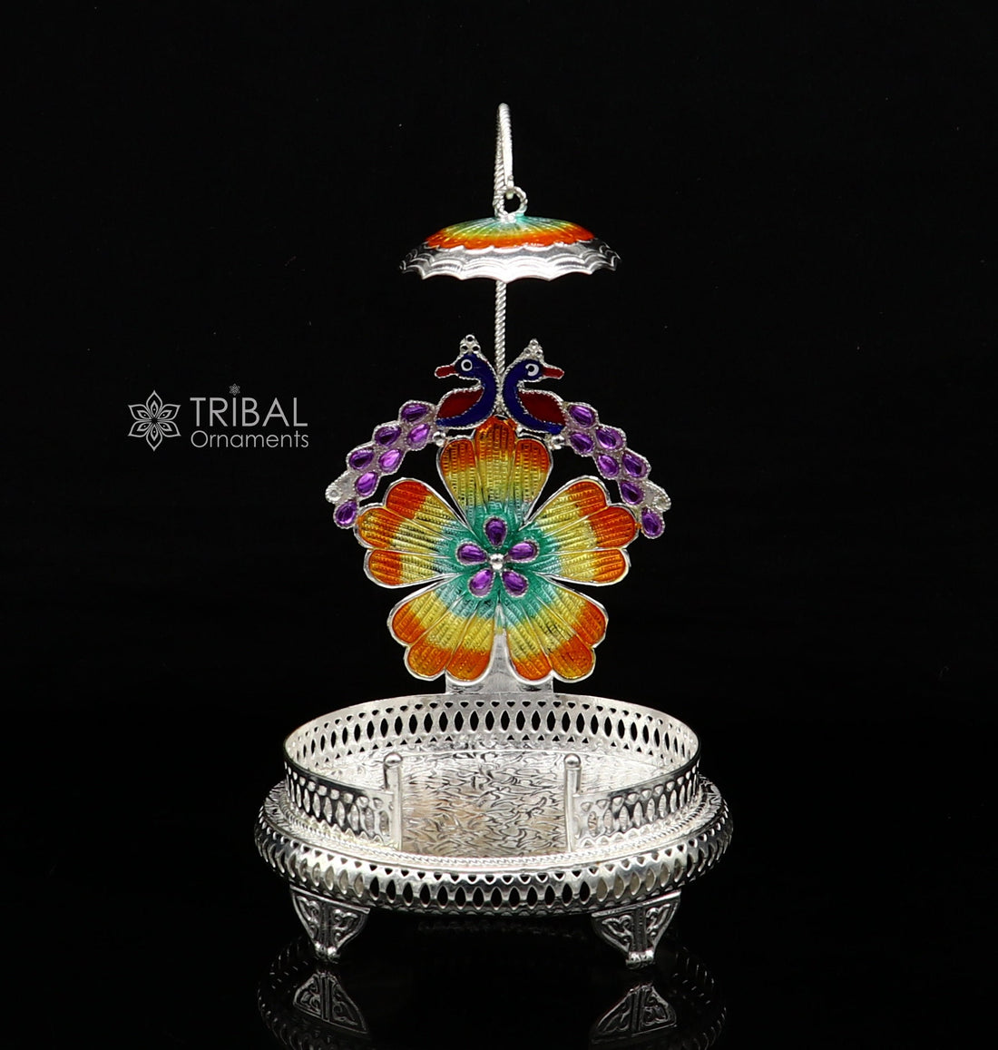 925 sterling silver peacock design enamel work Singhasan divine throne statue's stand Singhasan, temple art puja Aasan chouki article su1205 - TRIBAL ORNAMENTS