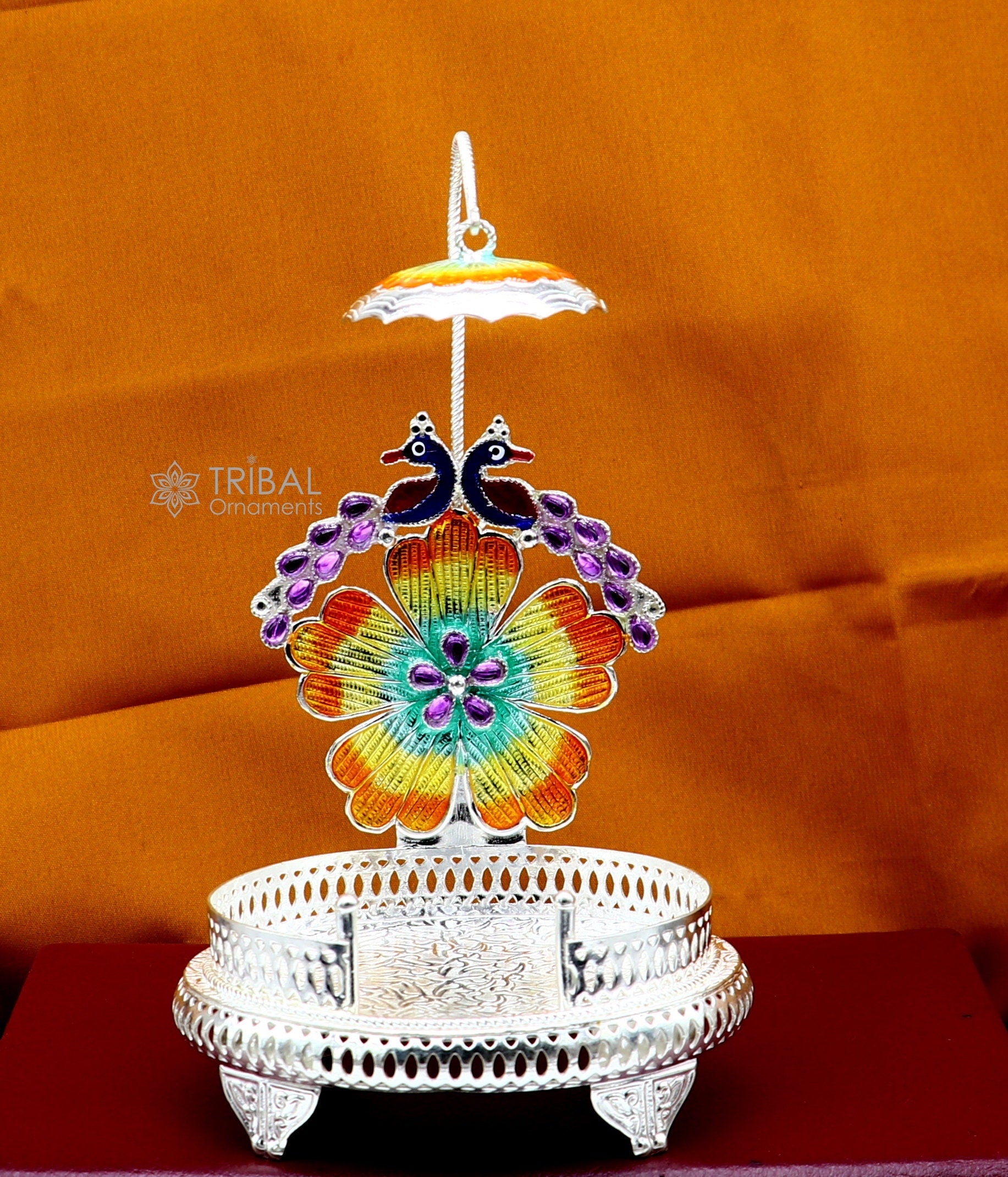 925 sterling silver peacock design enamel work Singhasan divine throne statue's stand Singhasan, temple art puja Aasan chouki article su1205 - TRIBAL ORNAMENTS