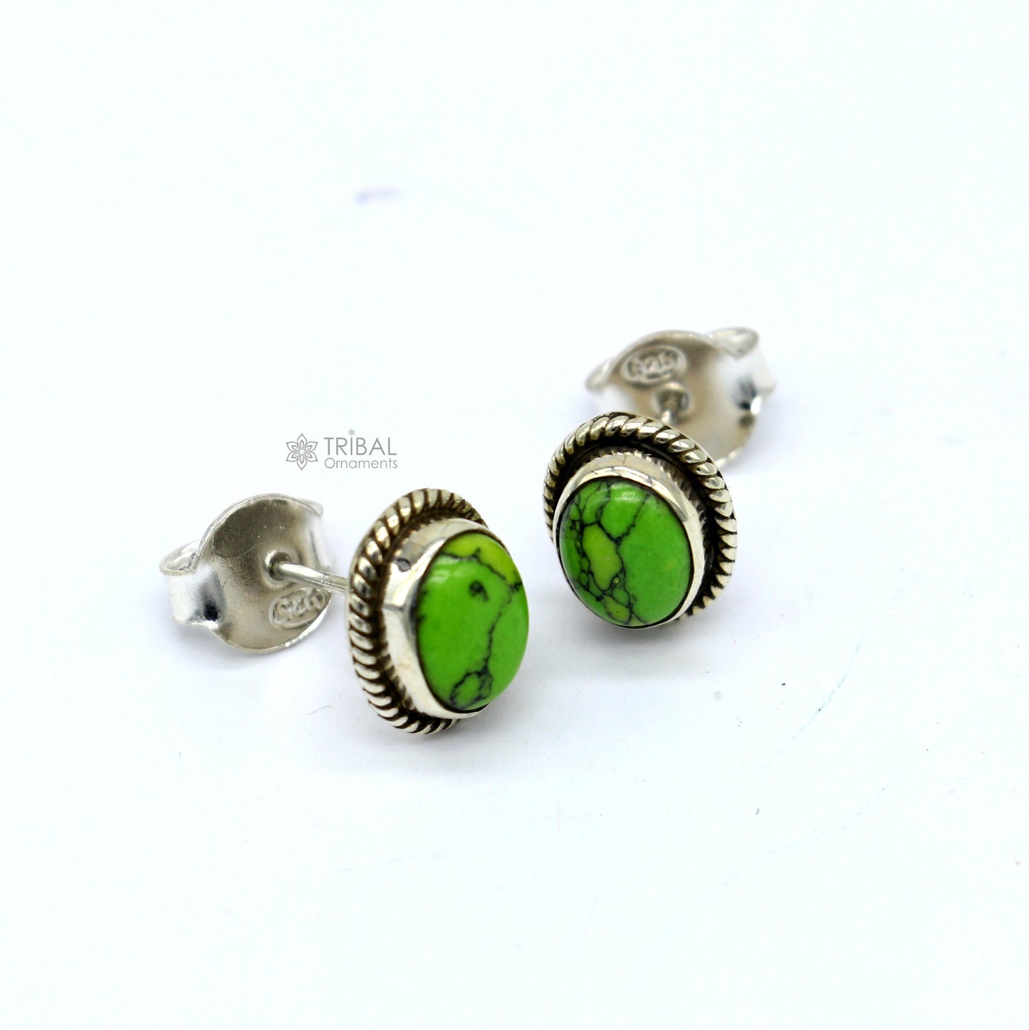 925 sterling silver handmade stud earring with gorgeous single Green turquoise stone stud earring best unisex jewelry s1269 - TRIBAL ORNAMENTS