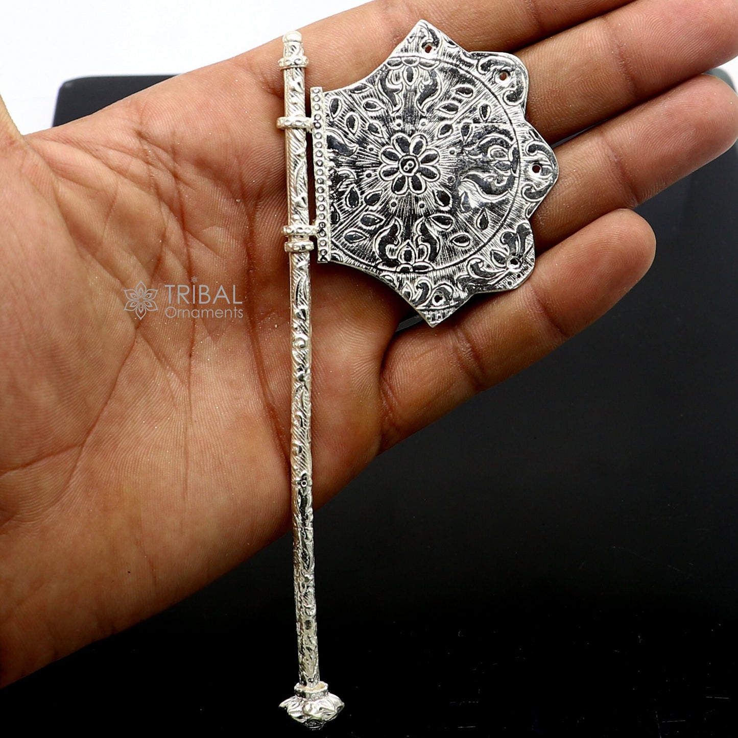 925 Solid silver pankhi, floral design small fan or pankhi for god puja, best gifting to Temple Krishna, silver hand driven fan sU1213 - TRIBAL ORNAMENTS