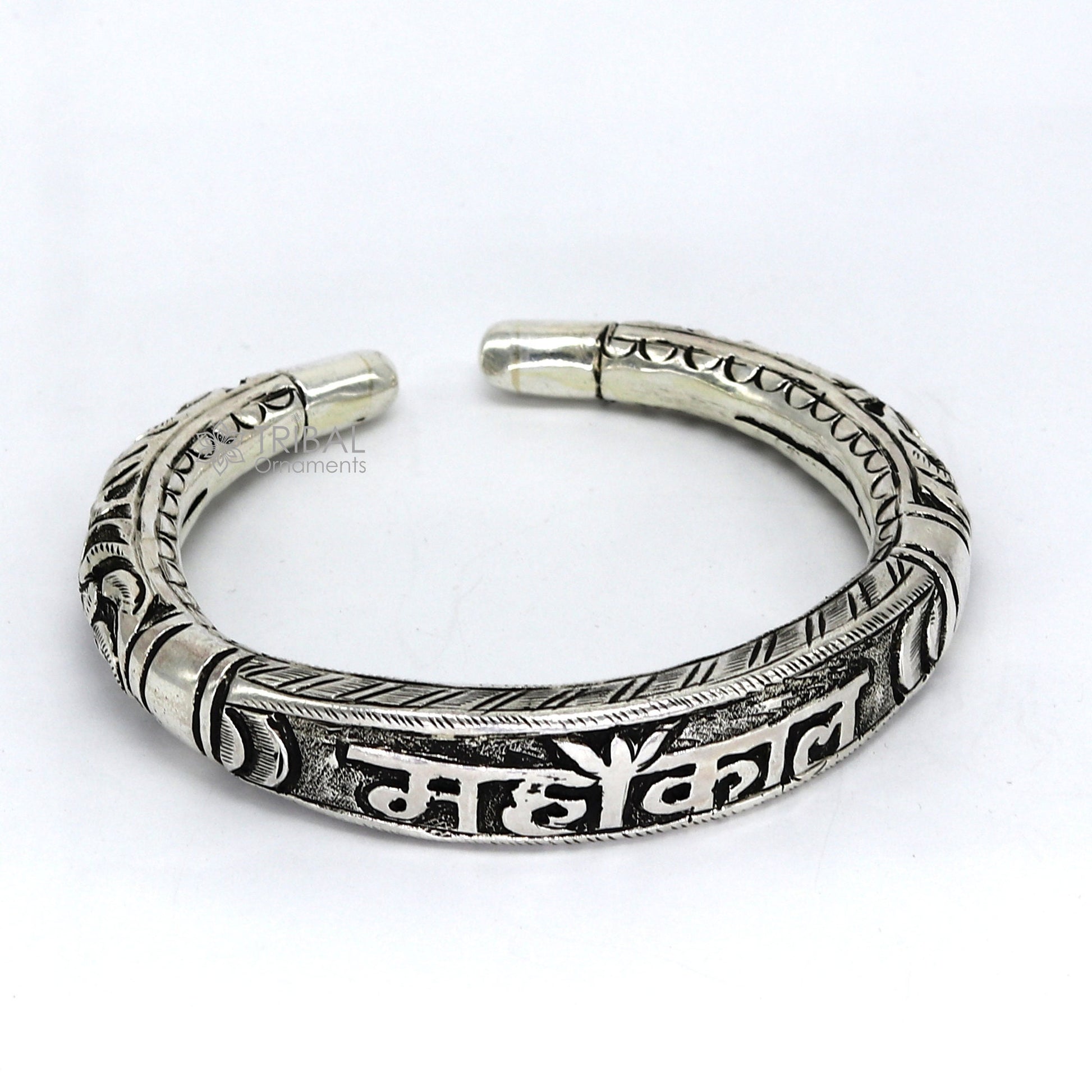 925 Sterling silver handmade chitai work lord Shiva "MAHAKAL" mantra bracelet kada best unisex tribal ethnic jewelry nsk784 - TRIBAL ORNAMENTS