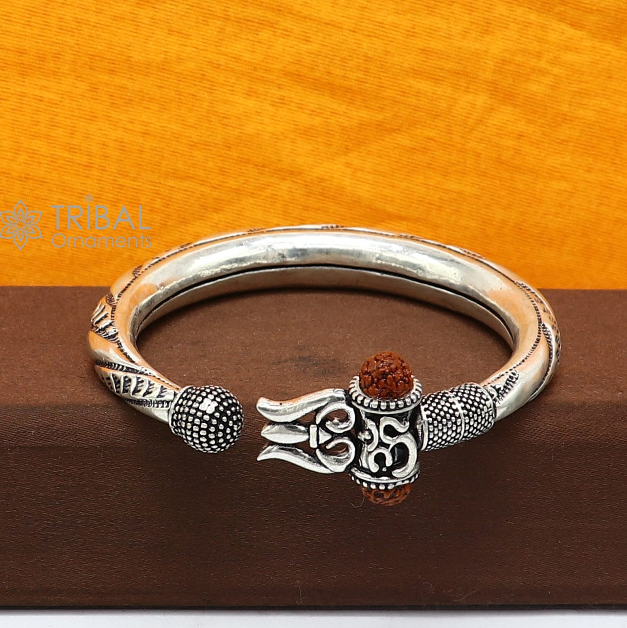 925 Sterling silver handmade plain shiny Lord Shiva trident trishul kada bangle bracelet with natural Rudraksha customized kada nsk785 - TRIBAL ORNAMENTS