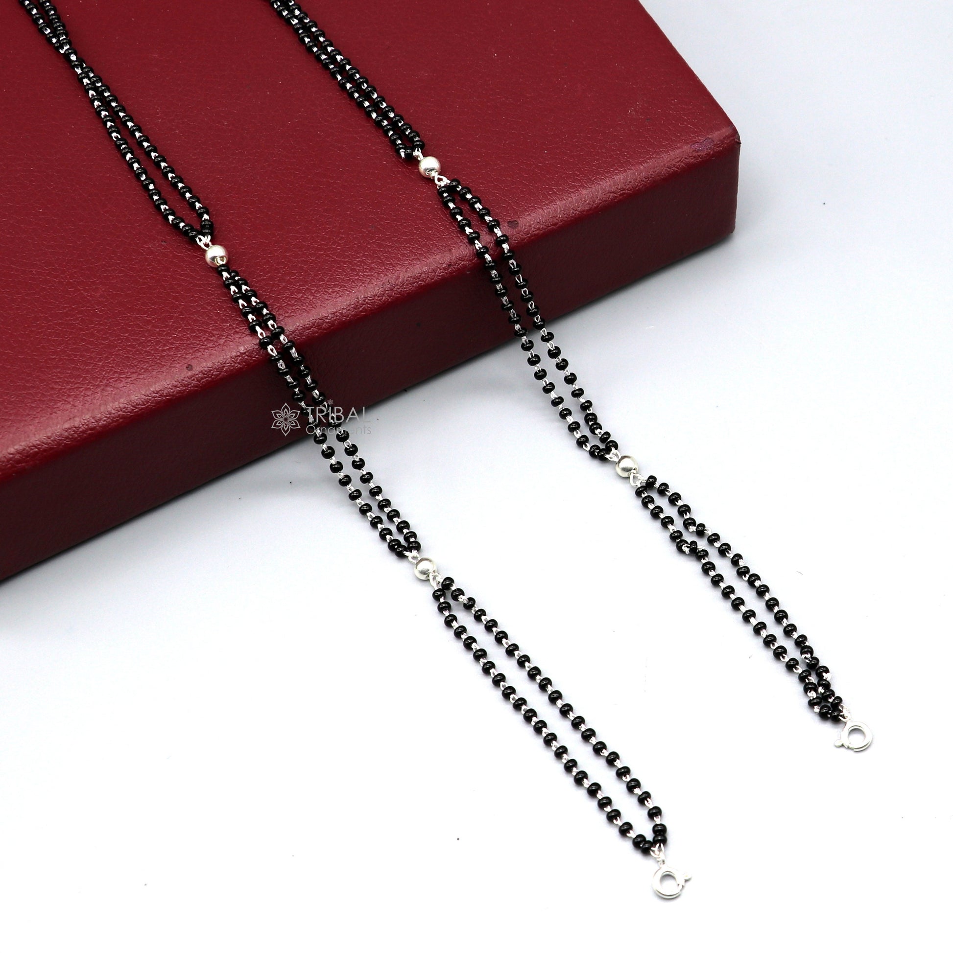 925 sterling silver 2.2mm black beads 2 line chain, vintage Cultural fancy necklace, traditional style brides Mangalsutra chain India ch571 - TRIBAL ORNAMENTS