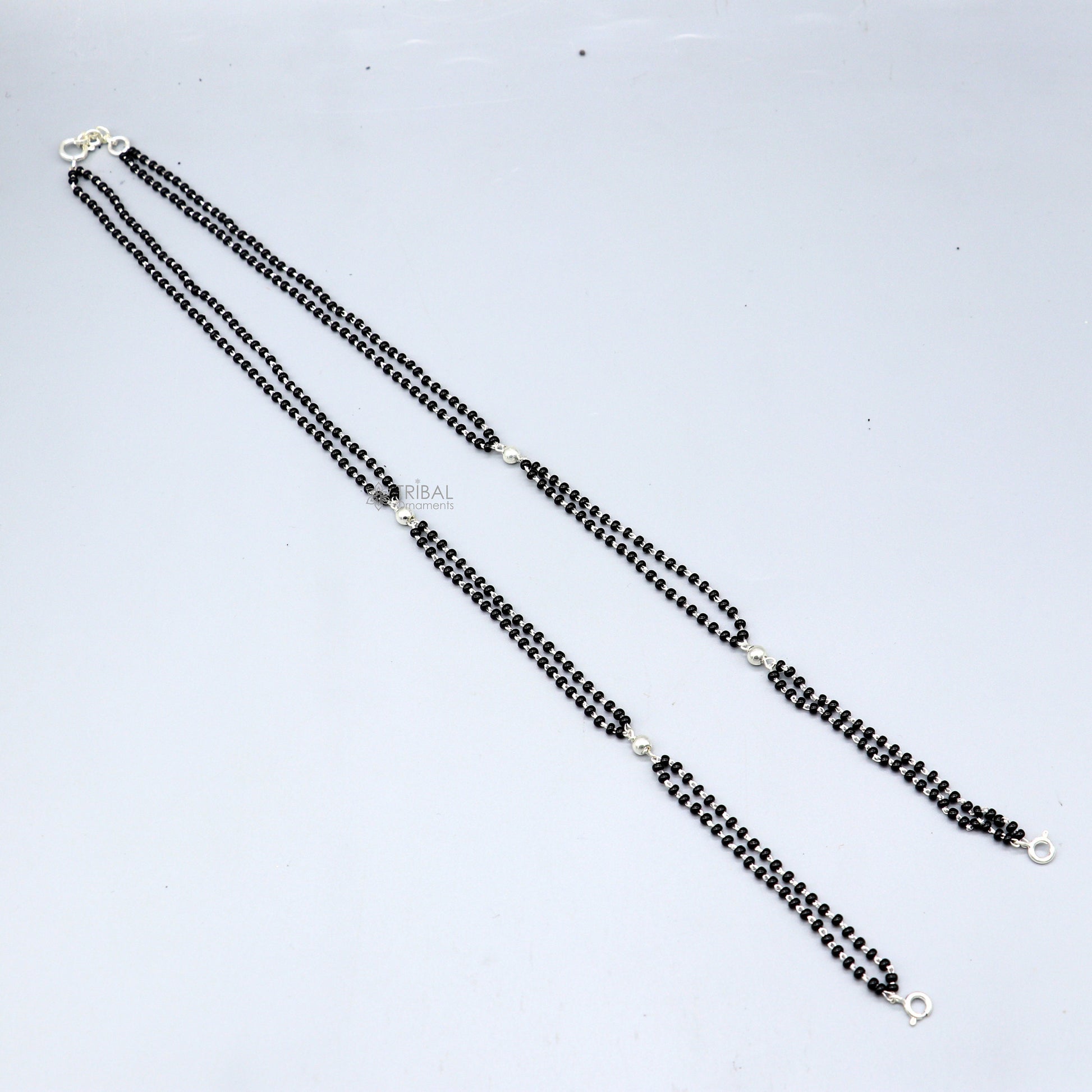 925 sterling silver 2.2mm black beads 2 line chain, vintage Cultural fancy necklace, traditional style brides Mangalsutra chain India ch571 - TRIBAL ORNAMENTS