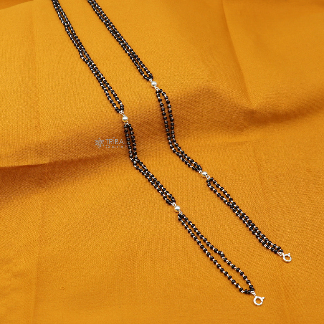 925 sterling silver 2.2mm black beads 2 line chain, vintage Cultural fancy necklace, traditional style brides Mangalsutra chain India ch571 - TRIBAL ORNAMENTS