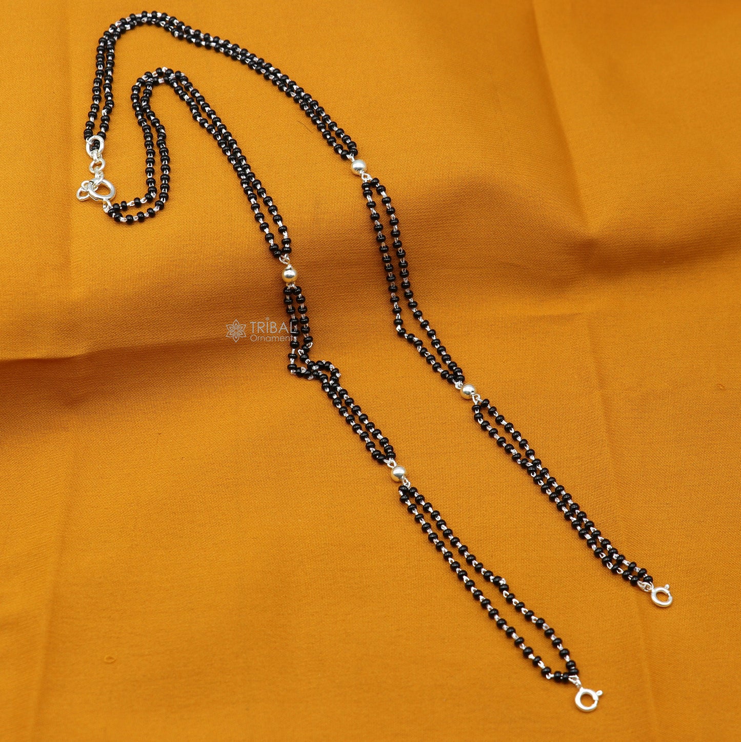 925 sterling silver 2.2mm black beads 2 line chain, vintage Cultural fancy necklace, traditional style brides Mangalsutra chain India ch571 - TRIBAL ORNAMENTS