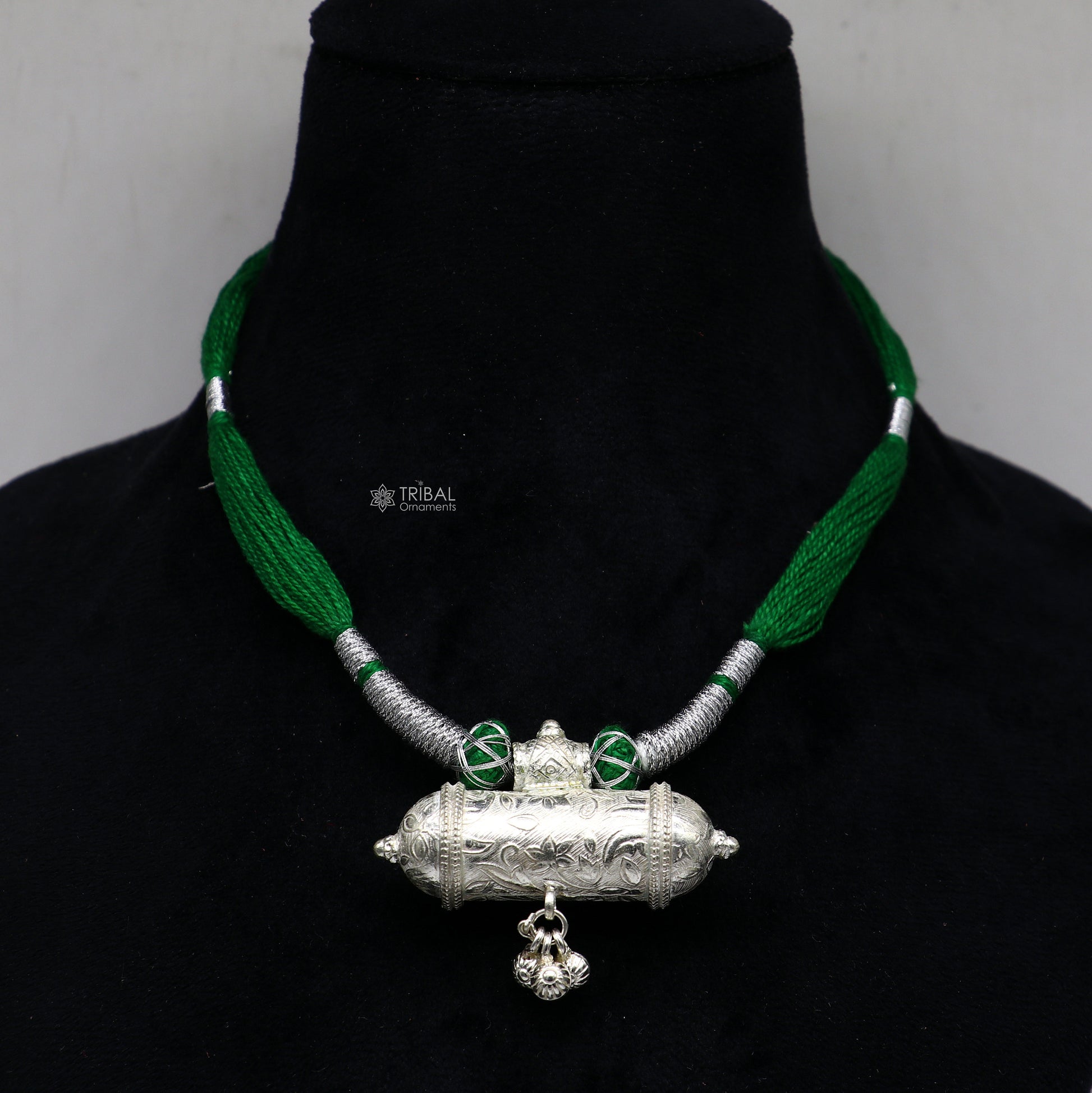 925 Sterling silver handmade Ethnic cultural tribal pendant with Green thread necklace traditional choker brides jewelry set651 - TRIBAL ORNAMENTS