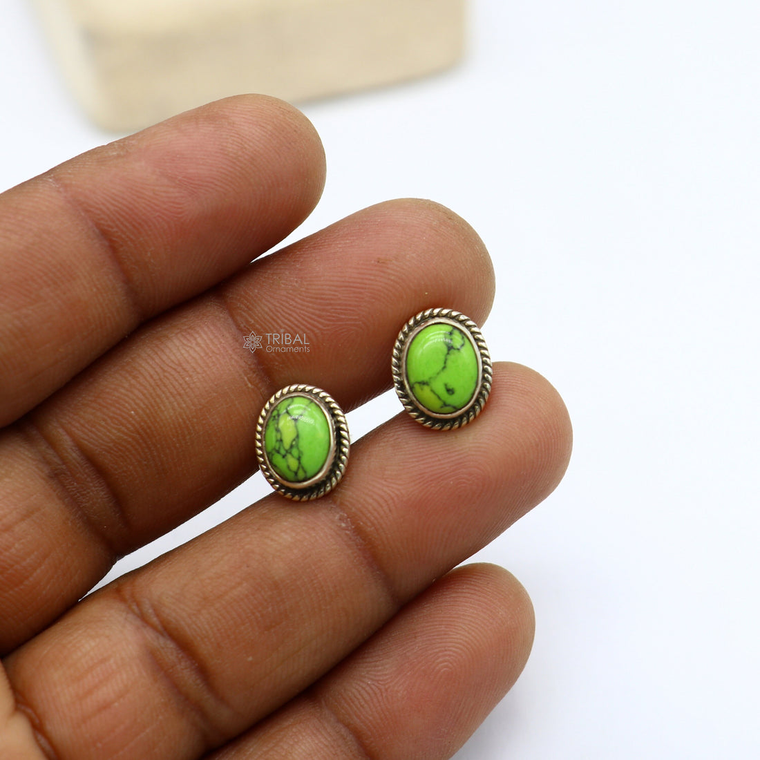 925 sterling silver handmade stud earring with gorgeous single Green turquoise stone stud earring best unisex jewelry s1269 - TRIBAL ORNAMENTS