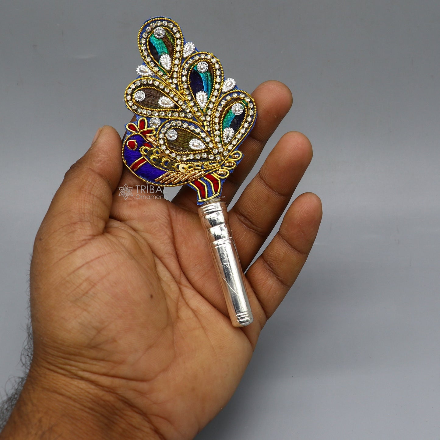 5" Vintage style handmade Wooden base silver Morchhadi, with peacock feather, best lord krishna laddu gopala silver pankhi silver fan su1220 - TRIBAL ORNAMENTS