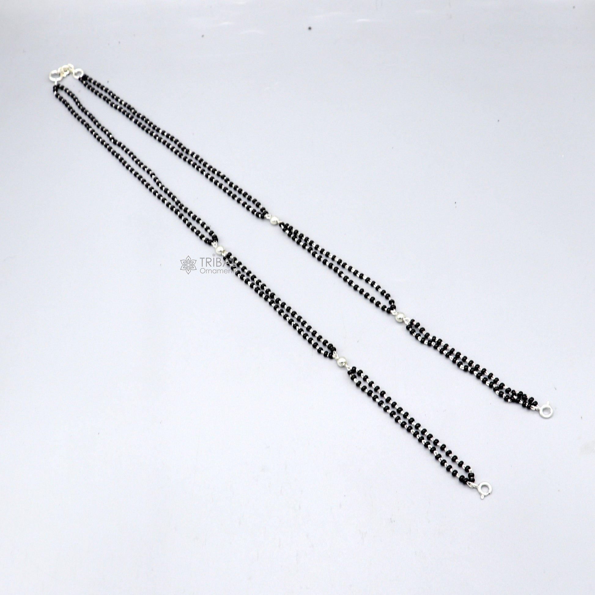 925 sterling silver 2.2mm black beads 2 line chain, vintage Cultural fancy necklace, traditional style brides Mangalsutra chain India ch571 - TRIBAL ORNAMENTS