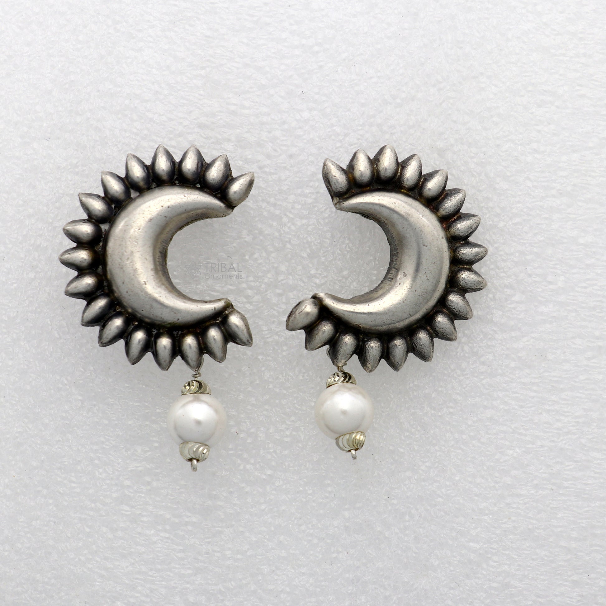 Handmade vintage design 925 sterling silver fabulous half moon style stud earrings with fabulous hanging pearl stud earring jewelry s1297 - TRIBAL ORNAMENTS