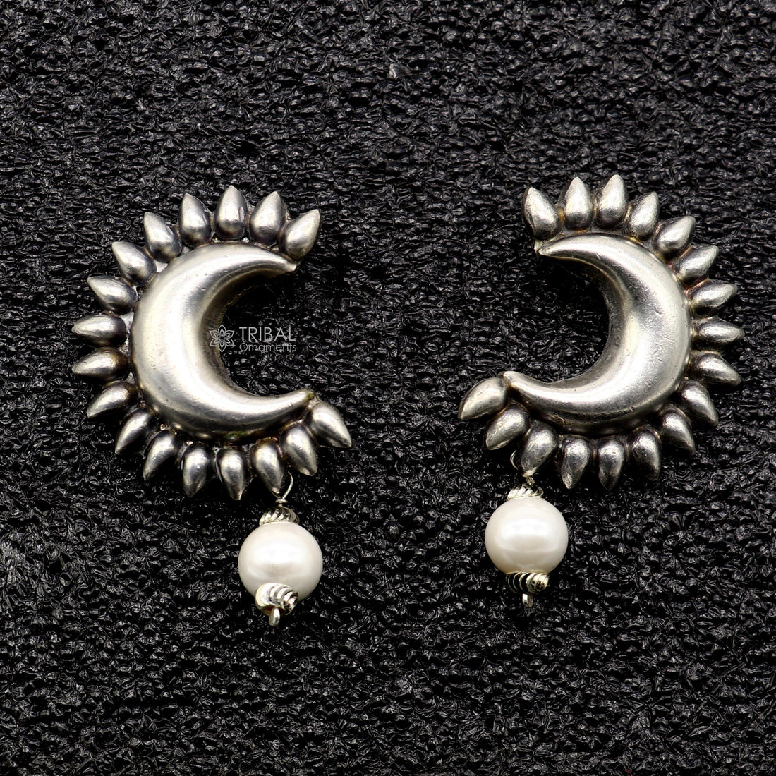 Handmade vintage design 925 sterling silver fabulous half moon style stud earrings with fabulous hanging pearl stud earring jewelry s1297 - TRIBAL ORNAMENTS