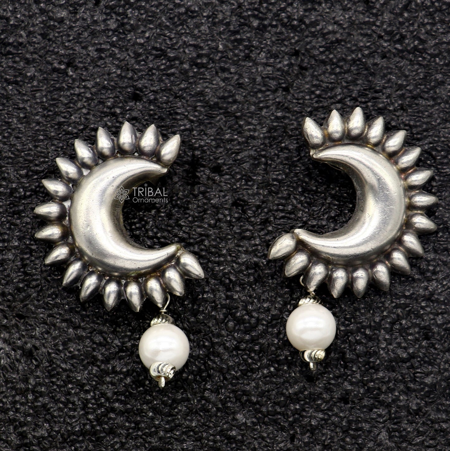 Handmade vintage design 925 sterling silver fabulous half moon style stud earrings with fabulous hanging pearl stud earring jewelry s1297 - TRIBAL ORNAMENTS