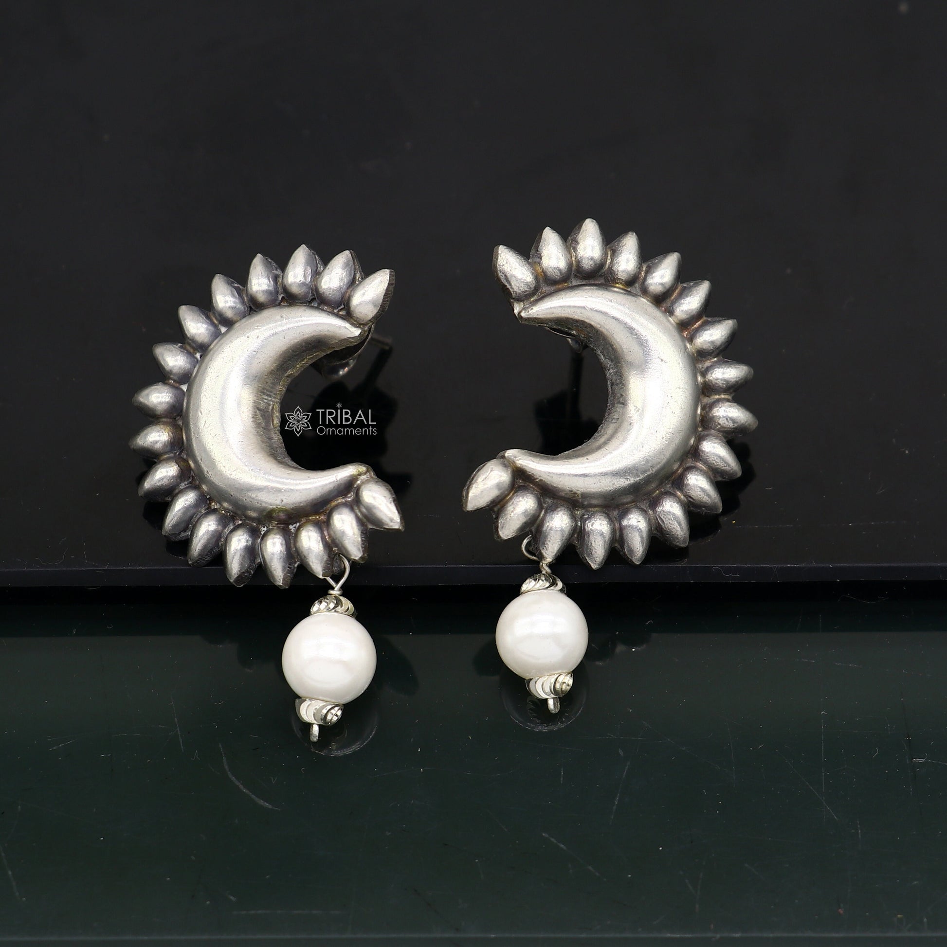 Handmade vintage design 925 sterling silver fabulous half moon style stud earrings with fabulous hanging pearl stud earring jewelry s1297 - TRIBAL ORNAMENTS