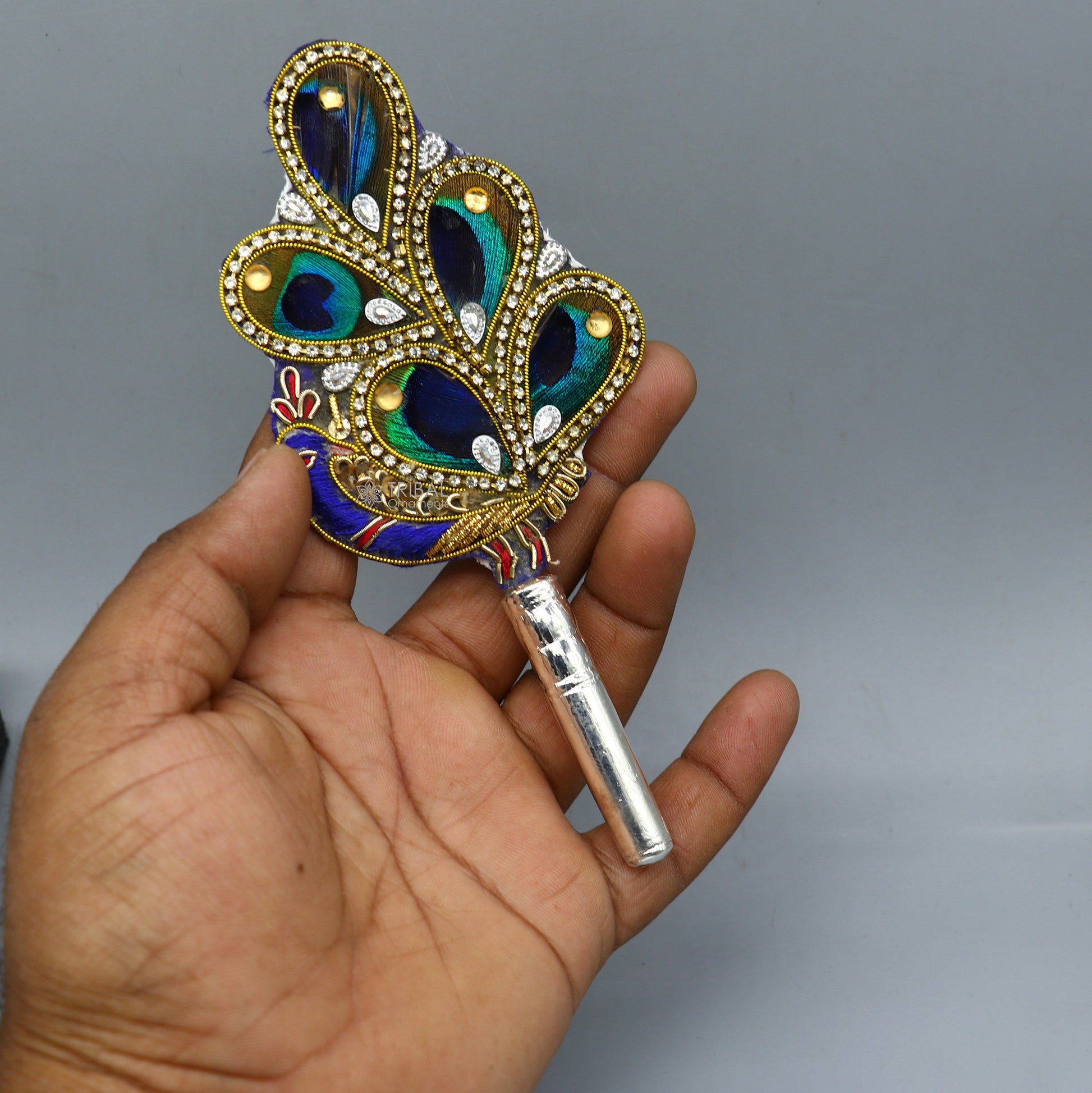 Vintage style handmade Wooden base silver Morchhadi, with peacock feather, best lord krishna laddu gopala silver pankhi silver fan su1217 - TRIBAL ORNAMENTS