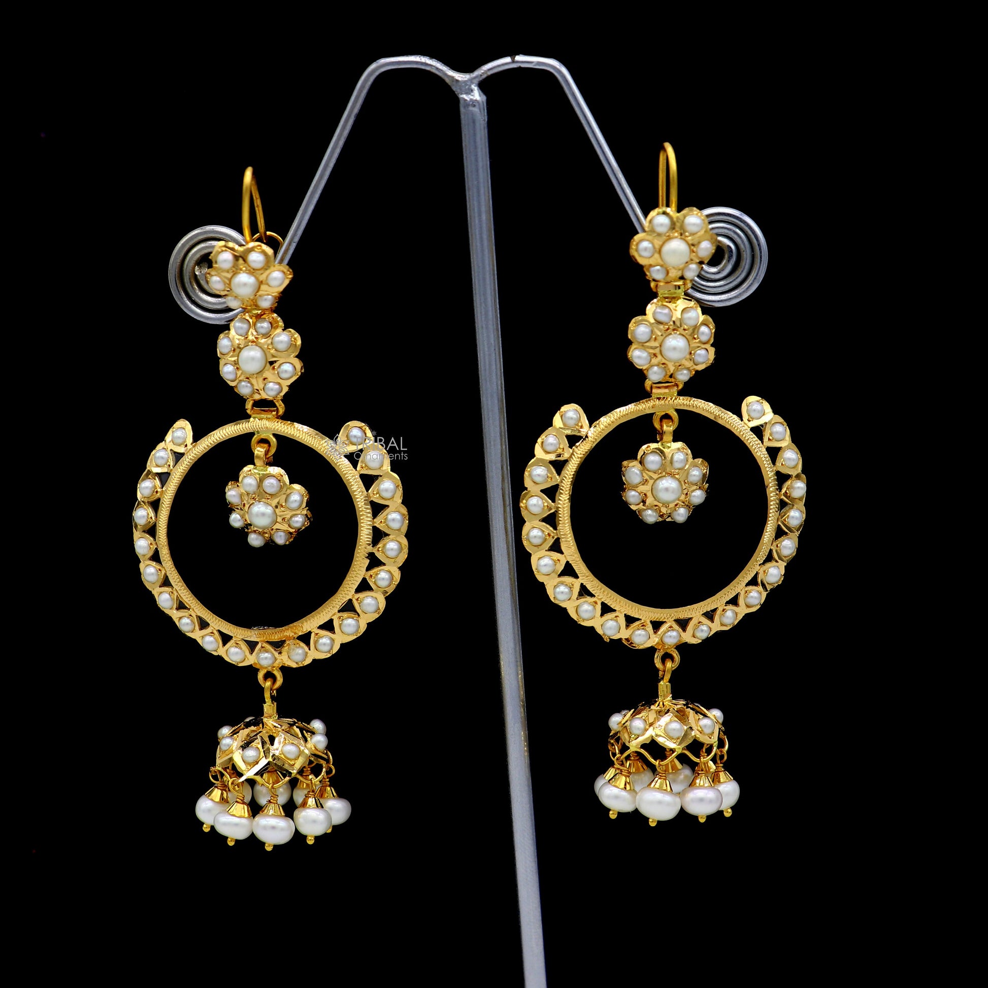 22kt yellow gold handmade unique stylish filigree work hoops earring, Drop dangle charm pearl earrings best functional jewelry  er170 - TRIBAL ORNAMENTS