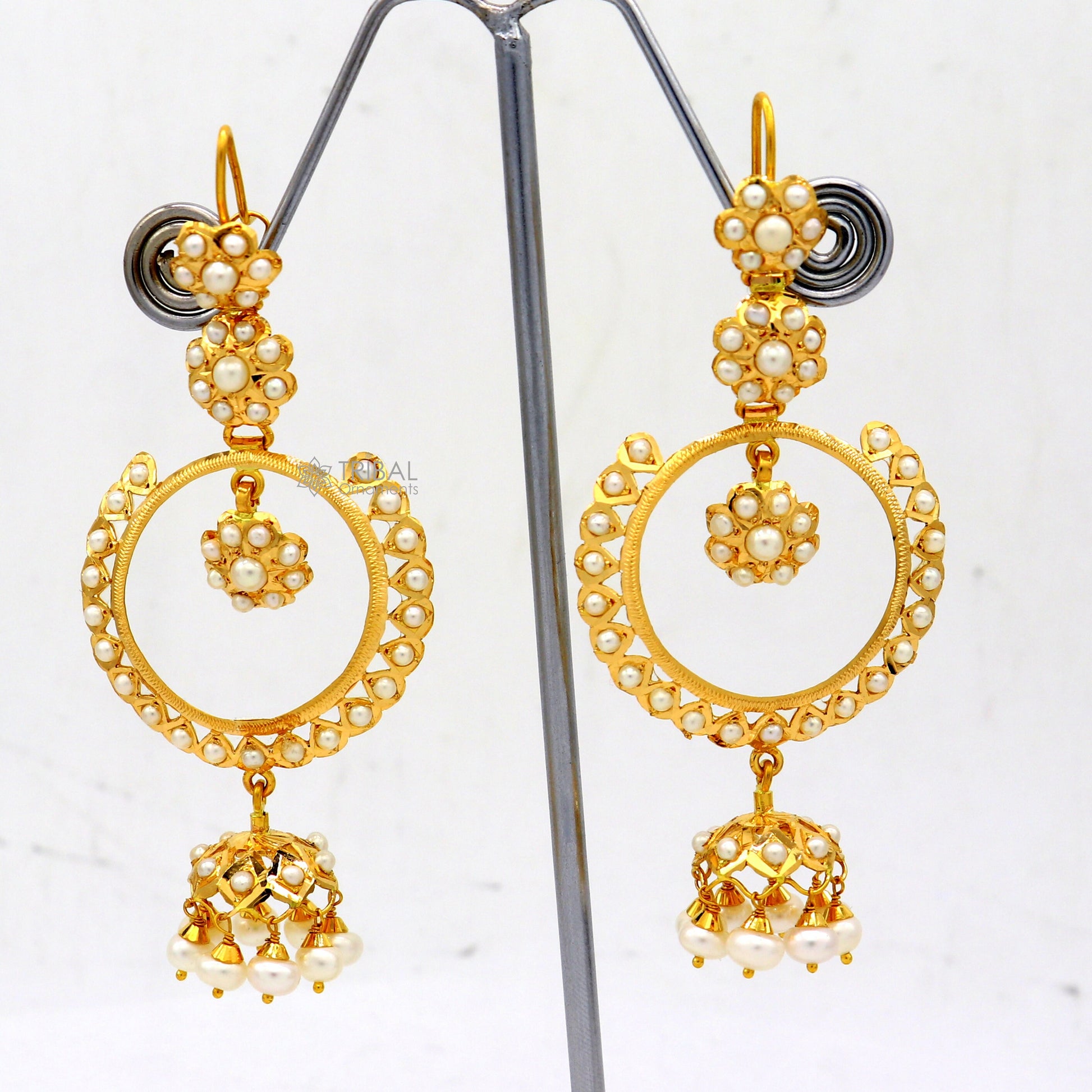 22kt yellow gold handmade unique stylish filigree work hoops earring, Drop dangle charm pearl earrings best functional jewelry  er170 - TRIBAL ORNAMENTS