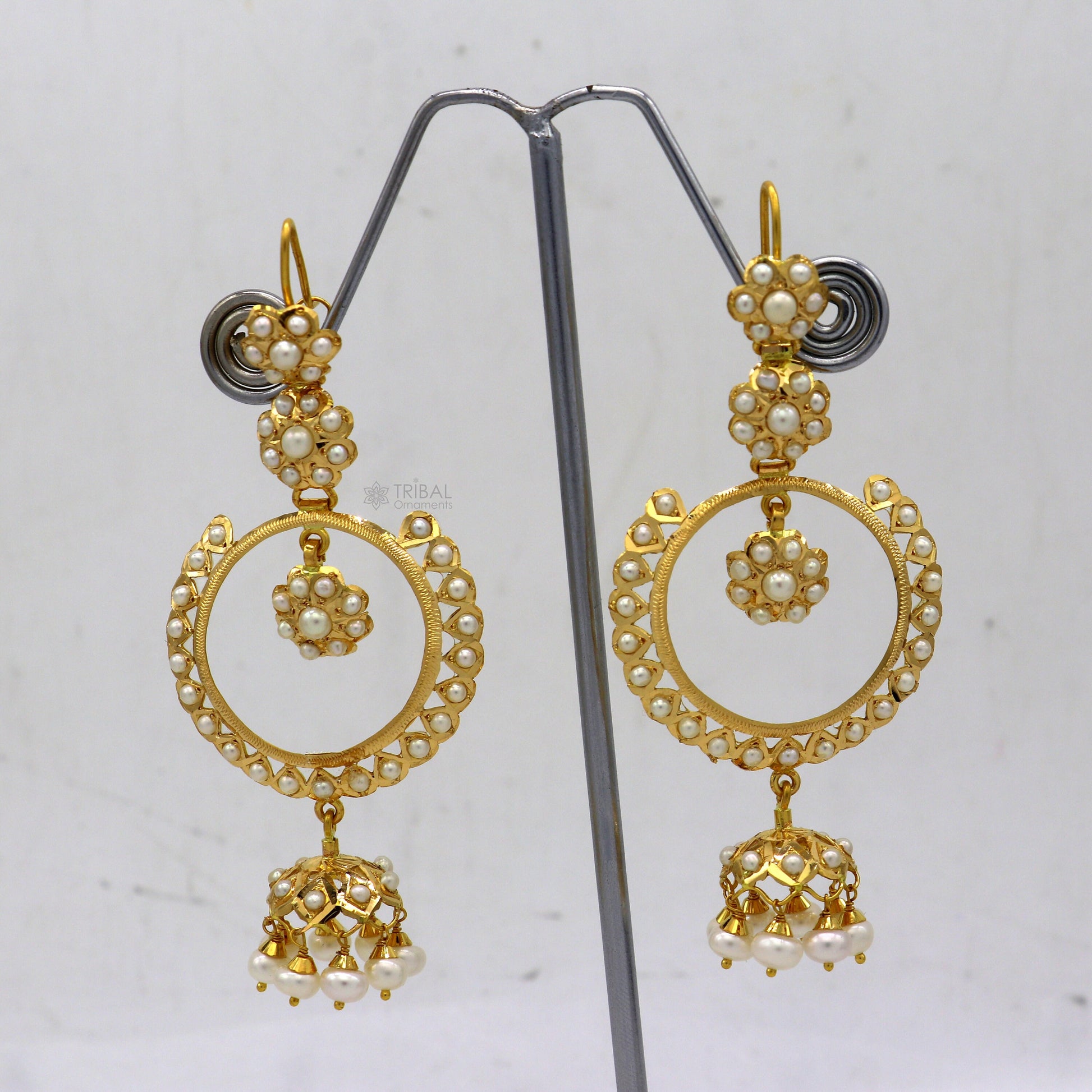 22kt yellow gold handmade unique stylish filigree work hoops earring, Drop dangle charm pearl earrings best functional jewelry  er170 - TRIBAL ORNAMENTS