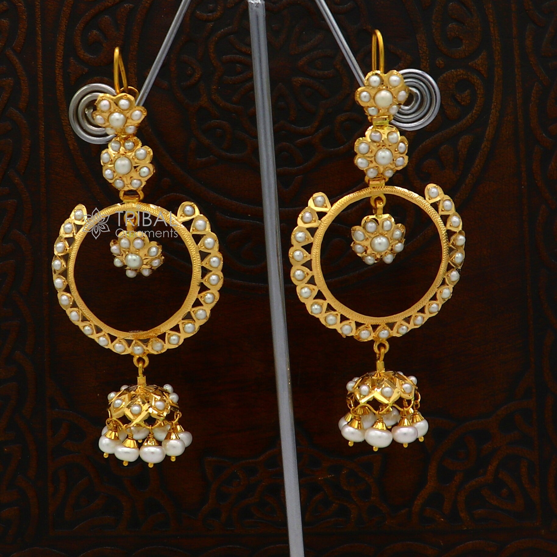 22kt yellow gold handmade unique stylish filigree work hoops earring, Drop dangle charm pearl earrings best functional jewelry  er170 - TRIBAL ORNAMENTS