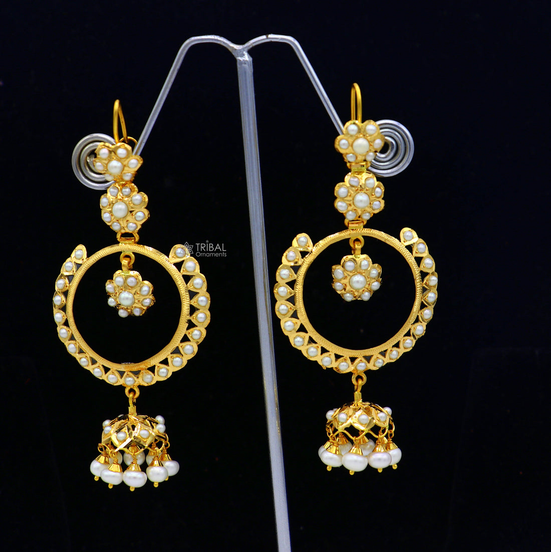 22kt yellow gold handmade unique stylish filigree work hoops earring, Drop dangle charm pearl earrings best functional jewelry  er170 - TRIBAL ORNAMENTS