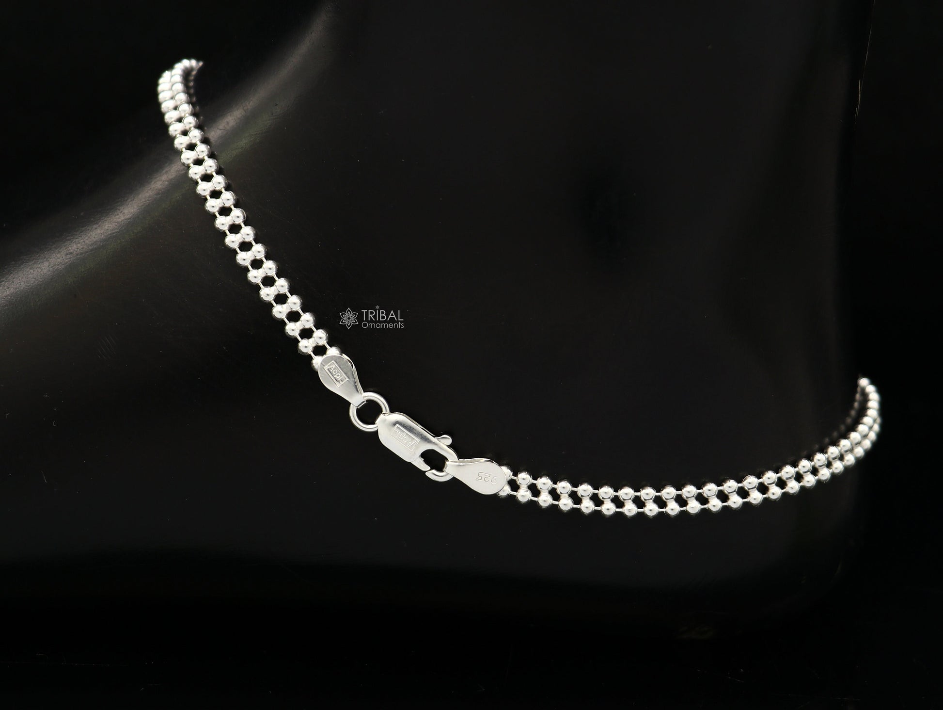 2mm 10.5" 925 sterling silver Double beaded/ball chain anklet bracelet light weight delicate anklets belly dance silver jewelry ank612 - TRIBAL ORNAMENTS