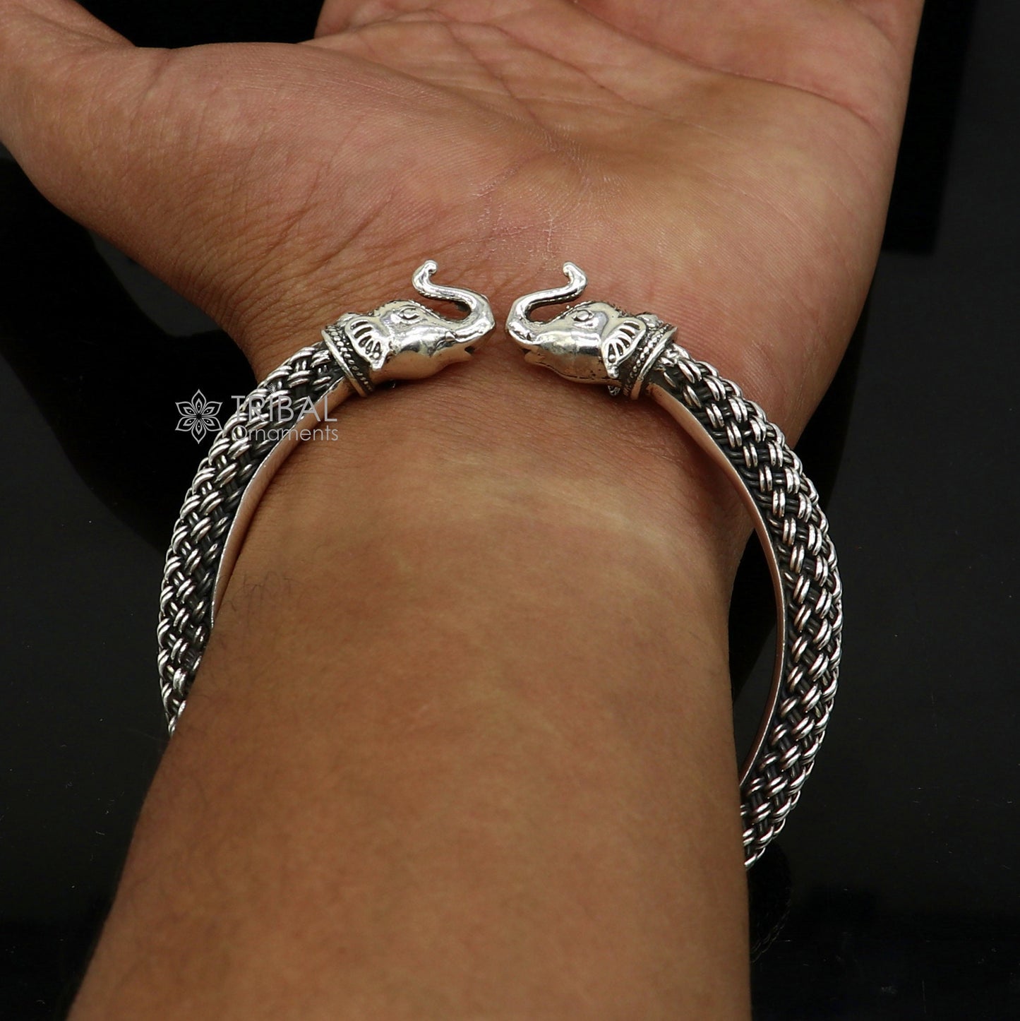 925 sterling silver traditional cultural ethnic elephant kada bangle bracelet attractive tribal trendy cuff bracelet ethnic jewelry  nsk793 - TRIBAL ORNAMENTS