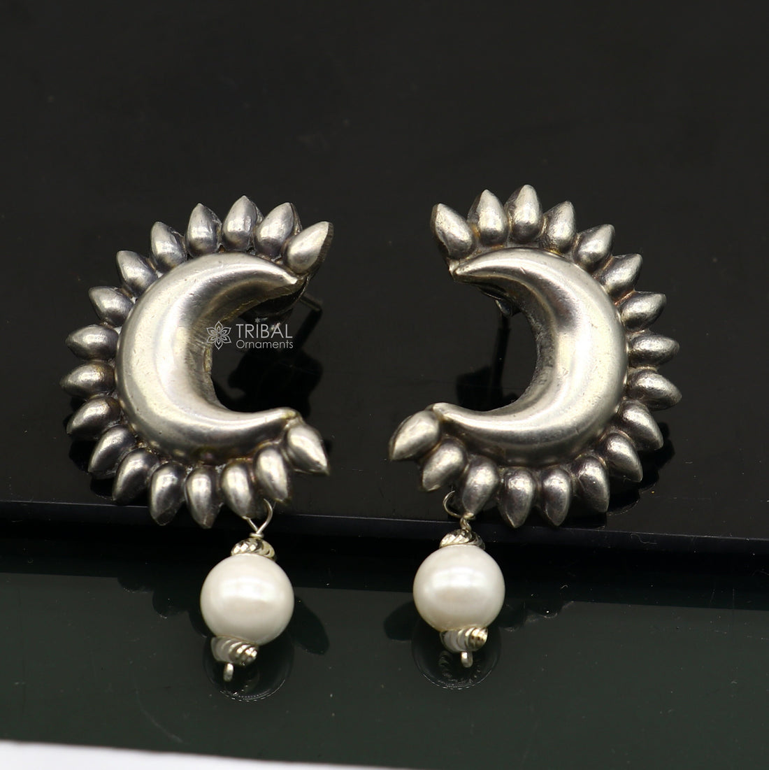 Handmade vintage design 925 sterling silver fabulous half moon style stud earrings with fabulous hanging pearl stud earring jewelry s1297 - TRIBAL ORNAMENTS