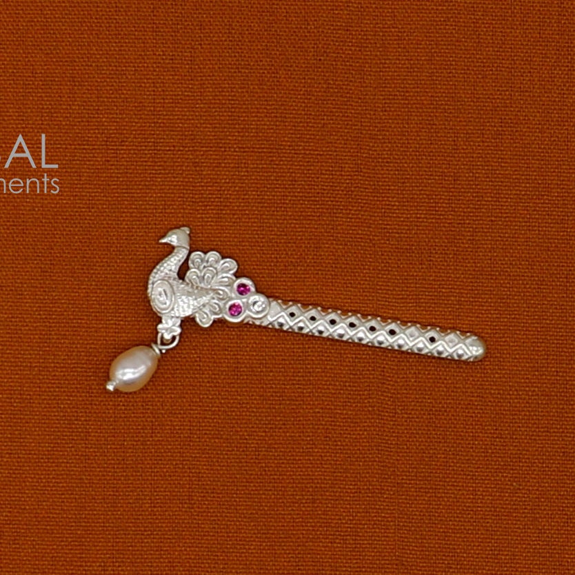 3.5cm" Flute divine 925 sterling silver handmade peacock design idol Krishna flute, silver bansuri, laddu Gopala flute, Krishna flute su1259 - TRIBAL ORNAMENTS