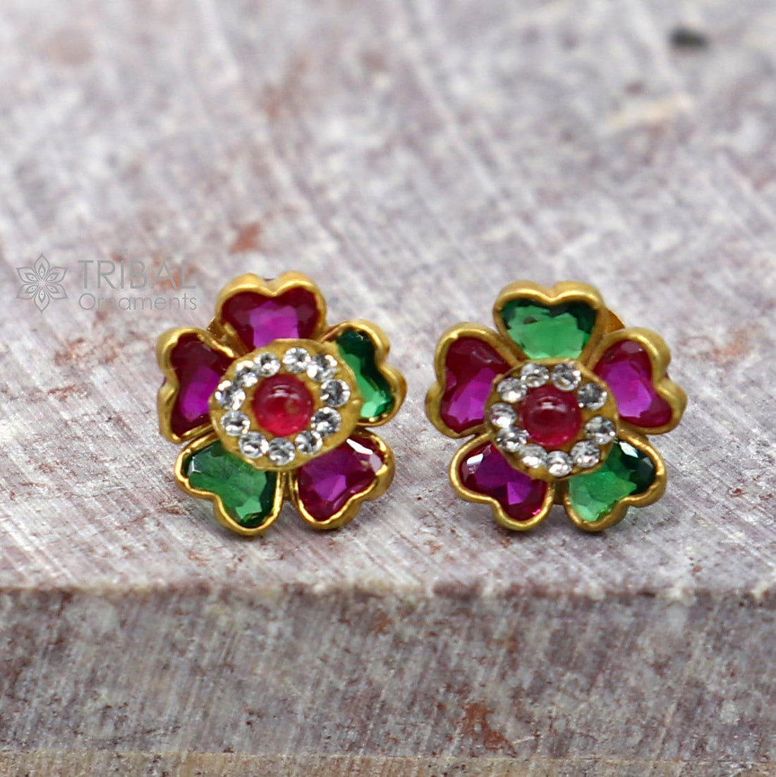 Genuine 14k yellow gold handmade fabulous cubic zircon stone excellent antique vintage flower design stud earrings pair unisex jewelry er171 - TRIBAL ORNAMENTS