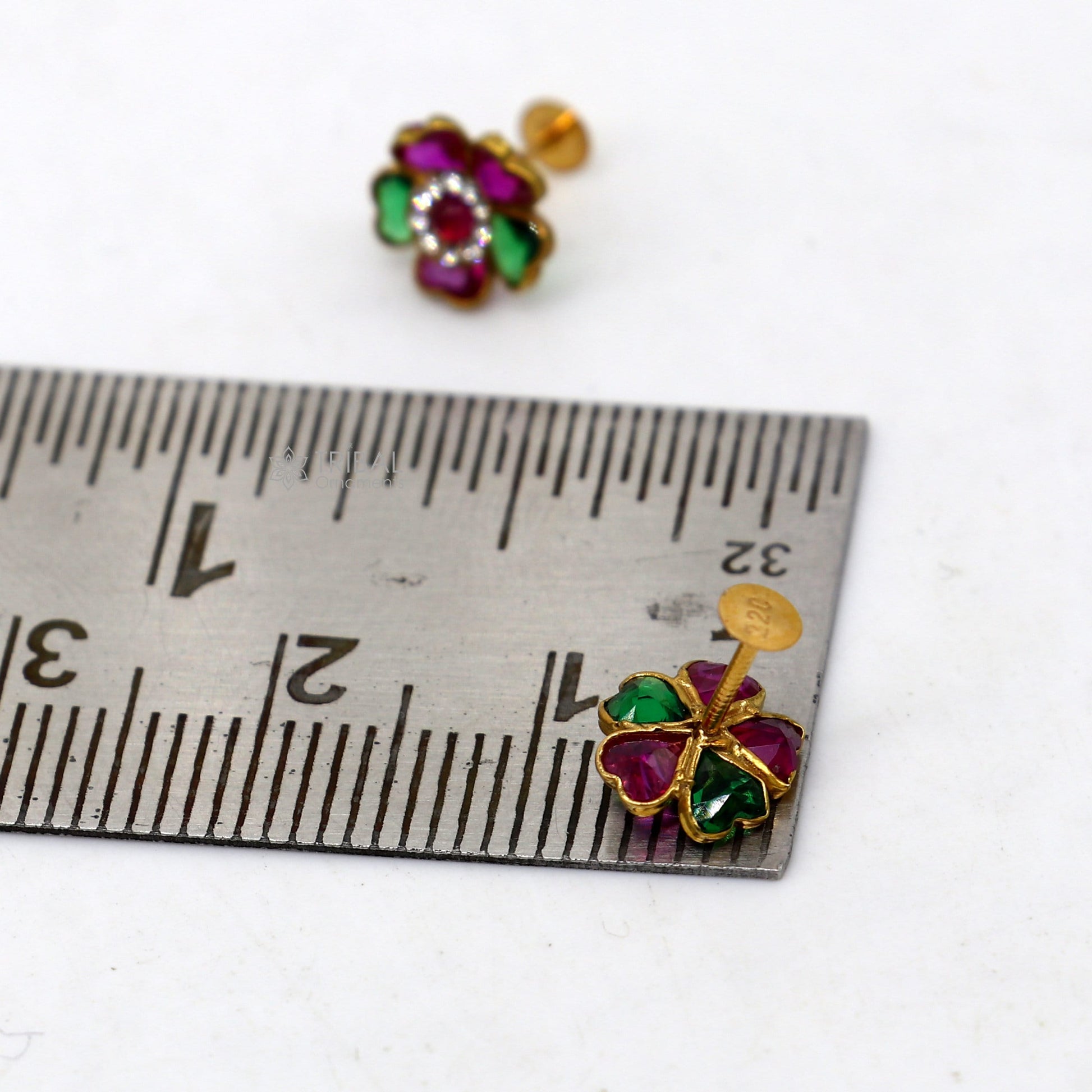 Genuine 14k yellow gold handmade fabulous cubic zircon stone excellent antique vintage flower design stud earrings pair unisex jewelry er171 - TRIBAL ORNAMENTS