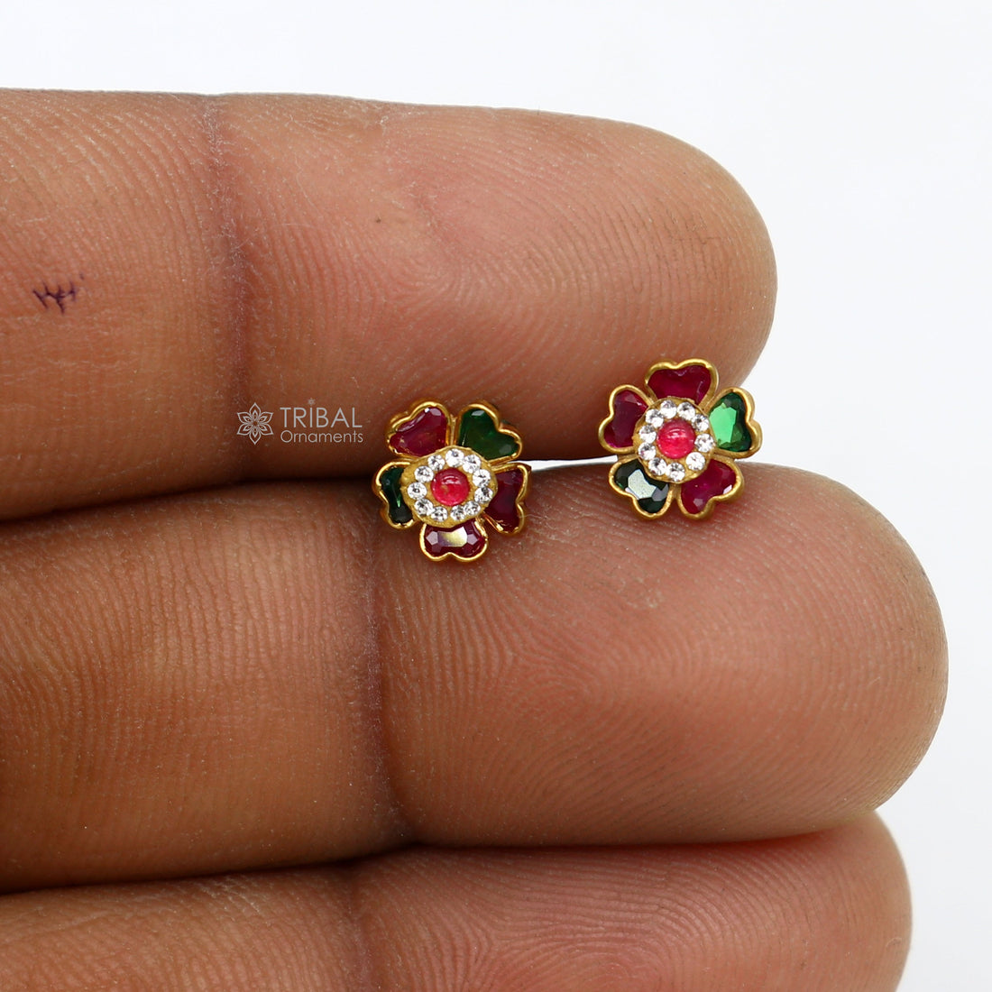 Genuine 14k yellow gold handmade fabulous cubic zircon stone excellent antique vintage flower design stud earrings pair unisex jewelry er171 - TRIBAL ORNAMENTS