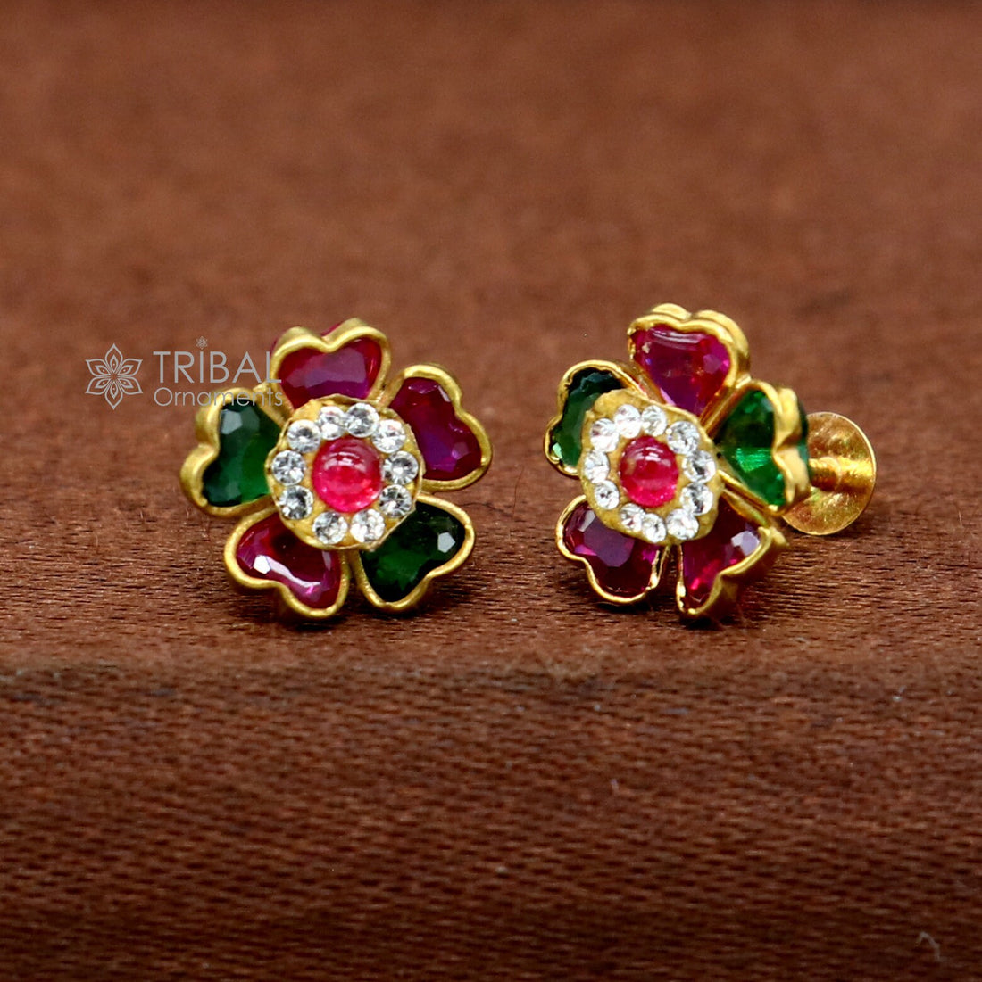 Genuine 14k yellow gold handmade fabulous cubic zircon stone excellent antique vintage flower design stud earrings pair unisex jewelry er171 - TRIBAL ORNAMENTS