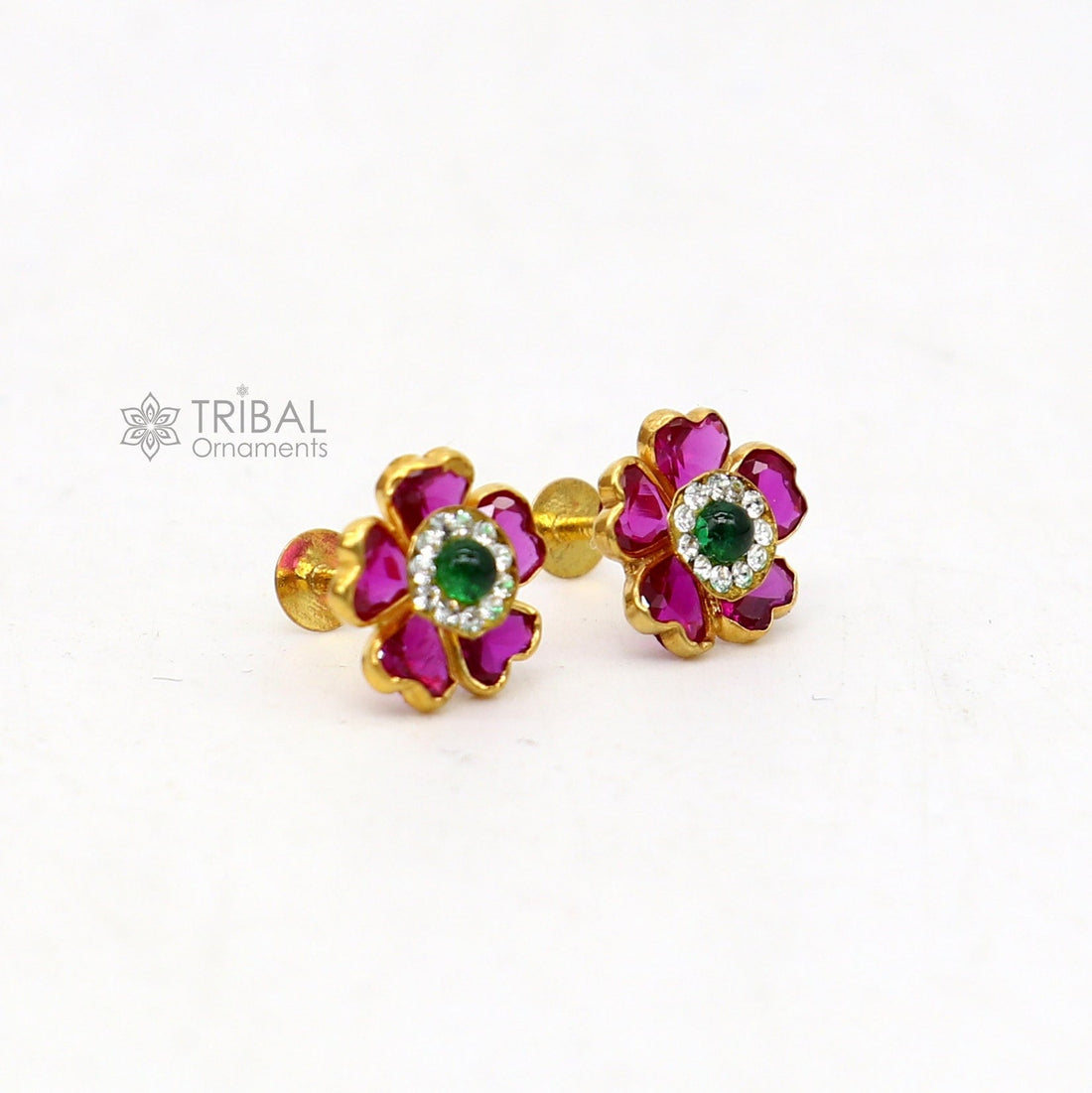 Genuine 14k yellow gold handmade fabulous red and Green Stone excellent vintage flower design stud earrings pair unisex jewelry er172 - TRIBAL ORNAMENTS