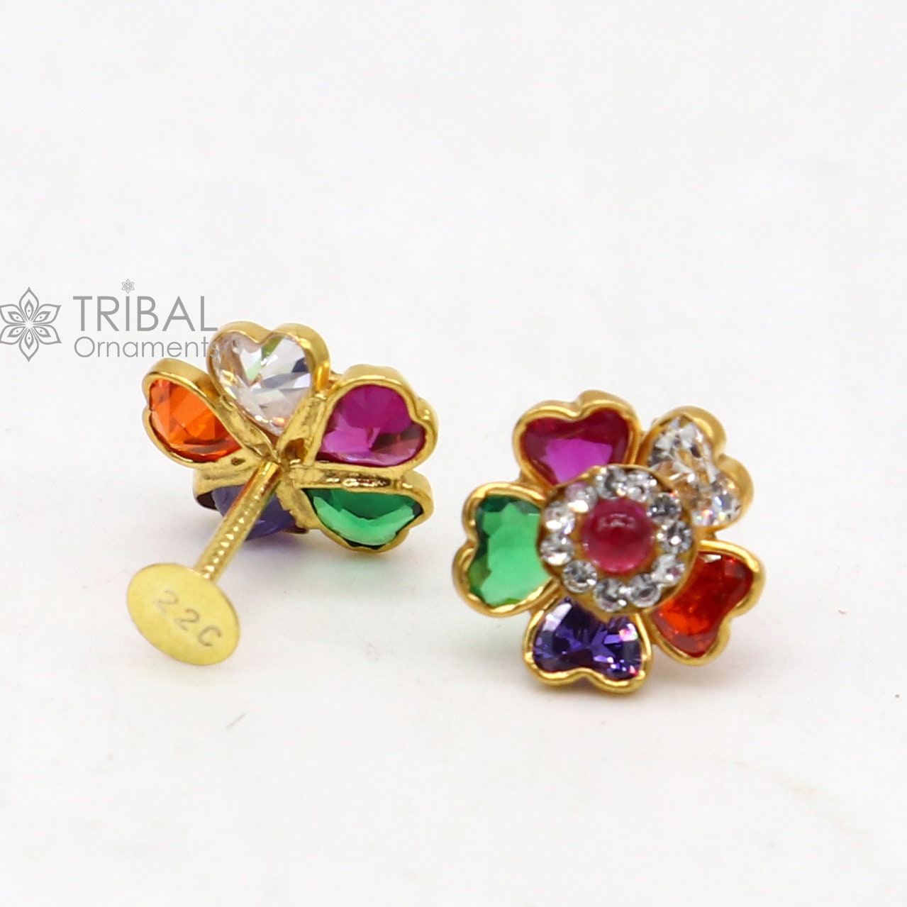 14kt yellow gold handmade fabulous multicolor Stone excellent vintage flower design stud earrings pair unisex jewelry er173 - TRIBAL ORNAMENTS