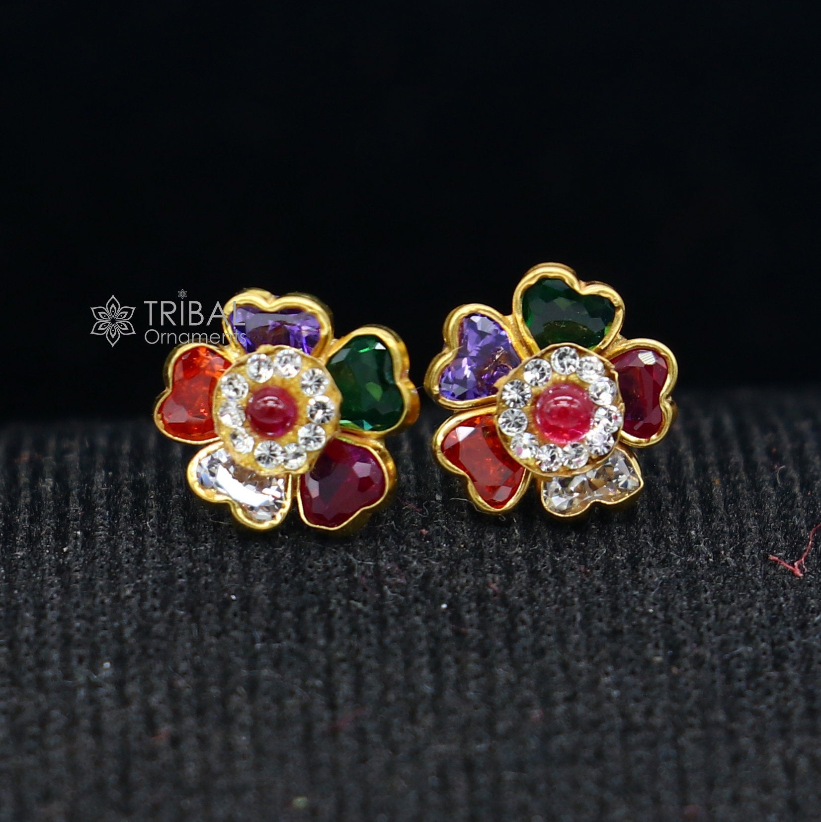 14kt yellow gold handmade fabulous multicolor Stone excellent vintage flower design stud earrings pair unisex jewelry er173 - TRIBAL ORNAMENTS